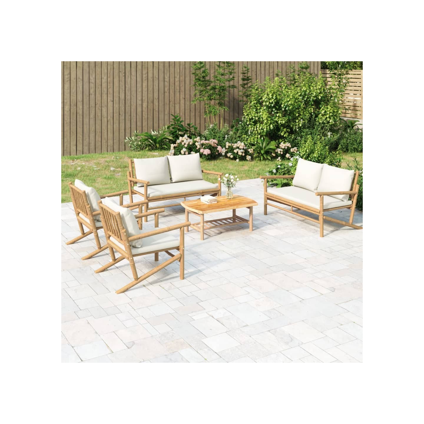 Salon de jardin 5 pcs avec coussins blanc crème bambou