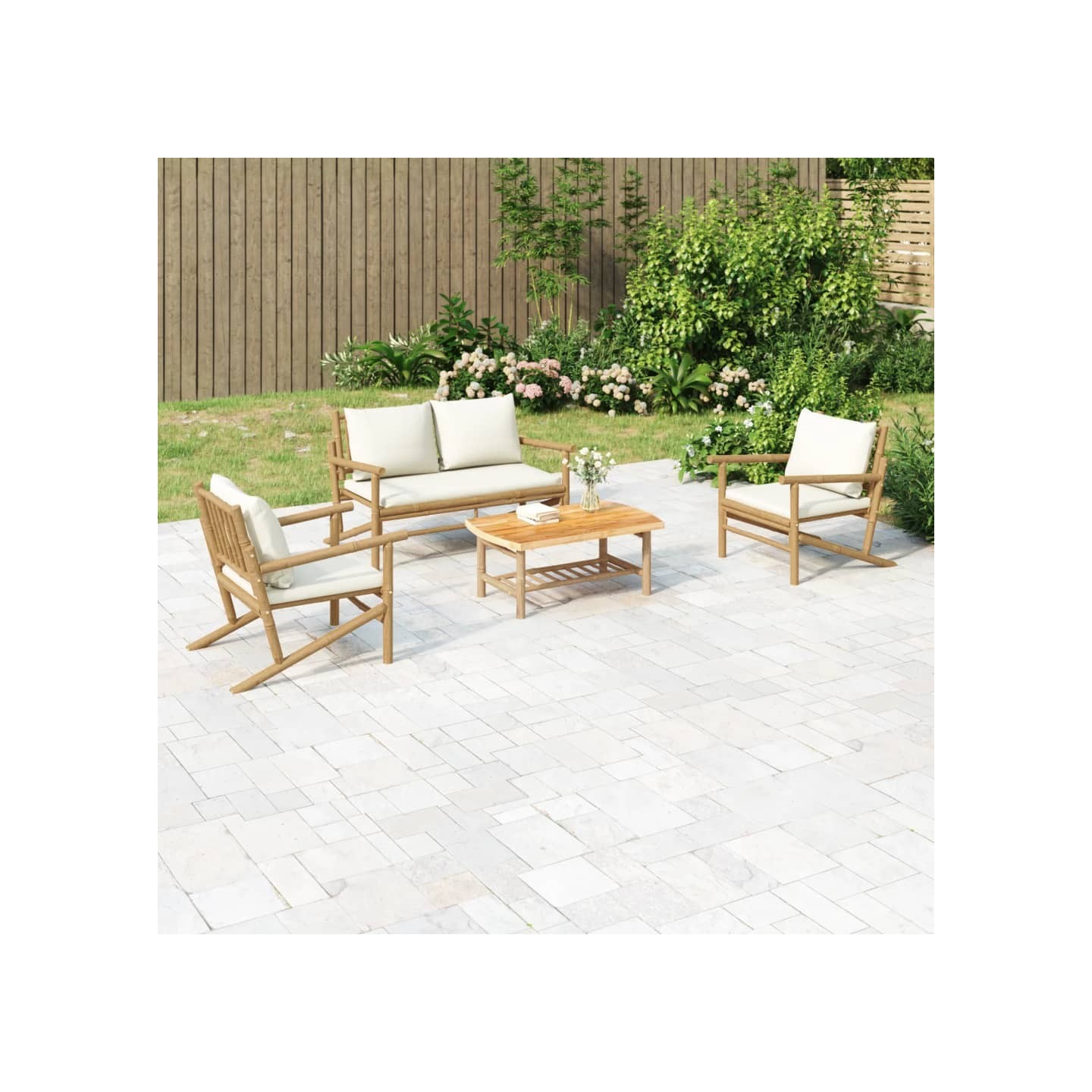 Salon de jardin 4 pcs avec coussins blanc crème bambou