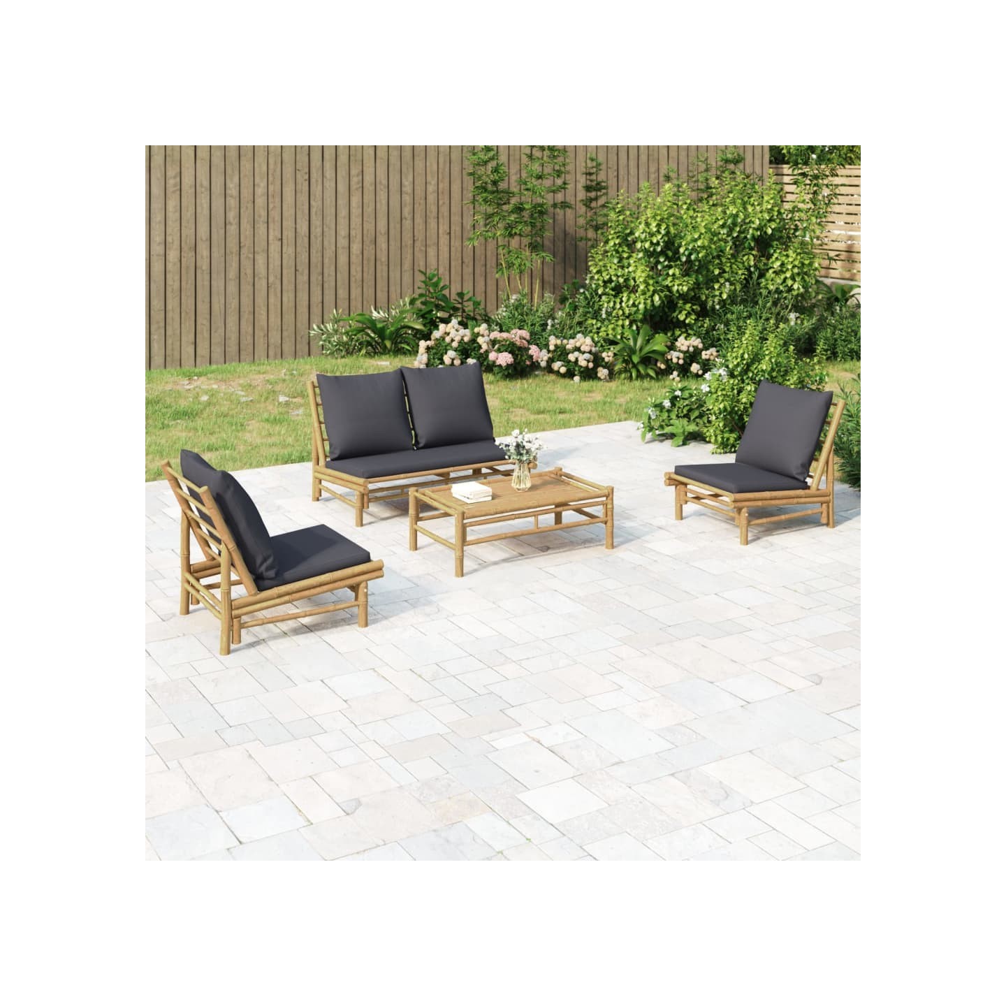 Salon de jardin 4 pcs avec coussins gris foncé bambou