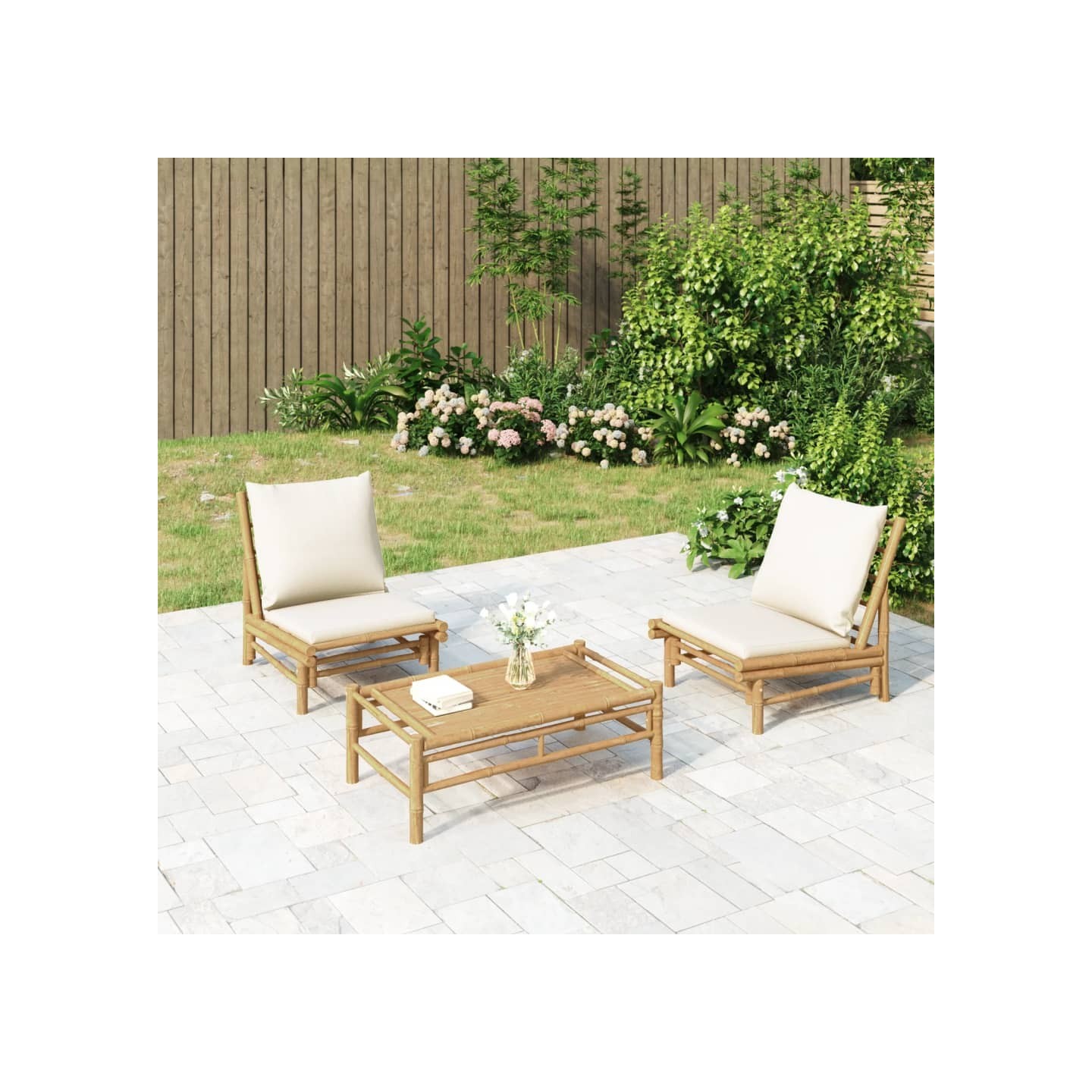 Salon de jardin 3 pcs avec coussins blanc crème bambou