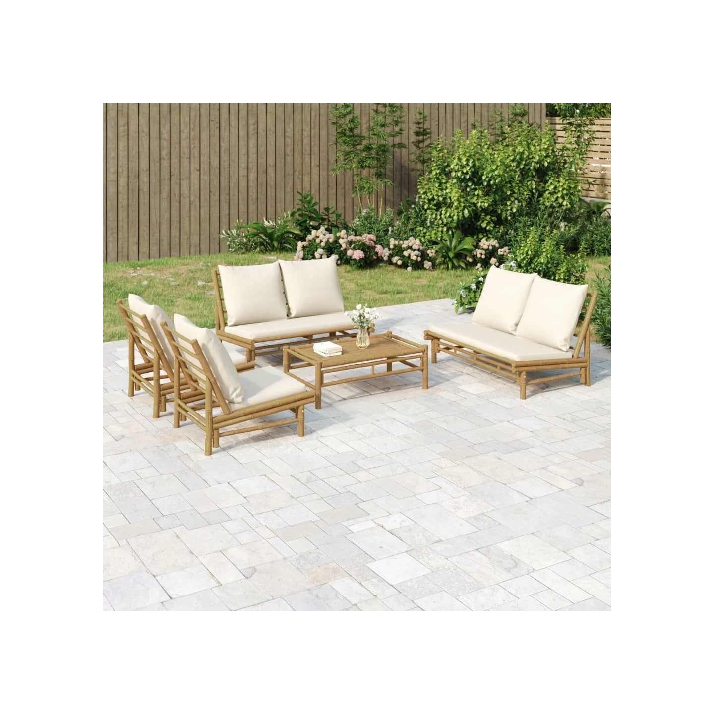 Salon de jardin 5 pcs avec coussins blanc crème bambou