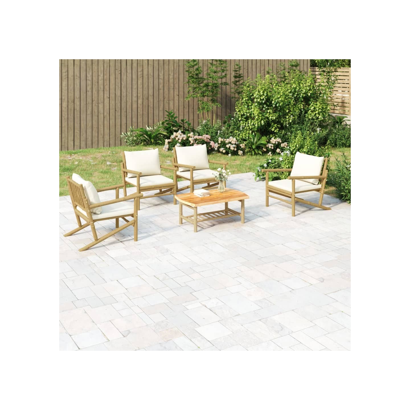 Salon de jardin 5 pcs avec coussins blanc crème bambou