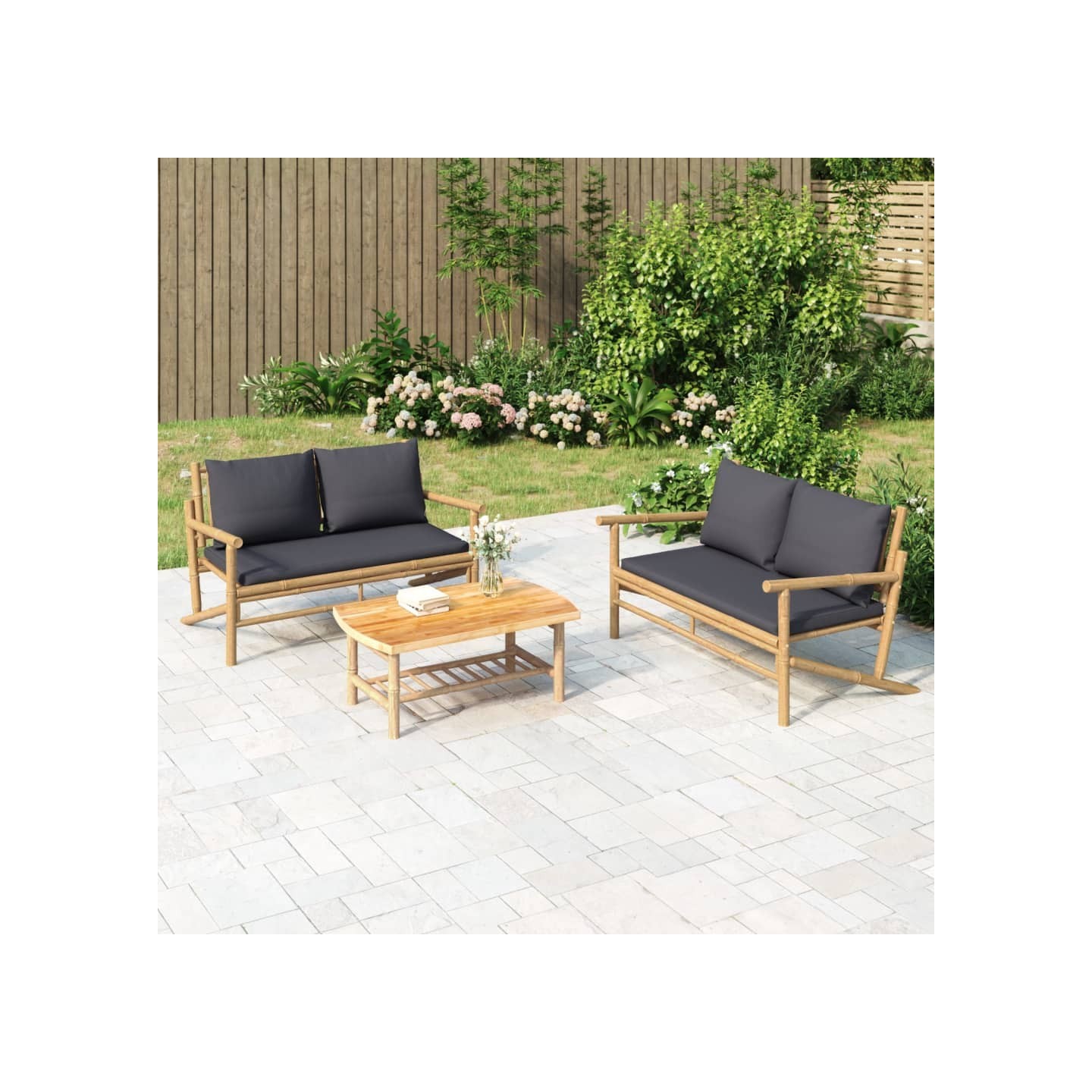 Salon de jardin 3 pcs avec coussins gris foncé bambou