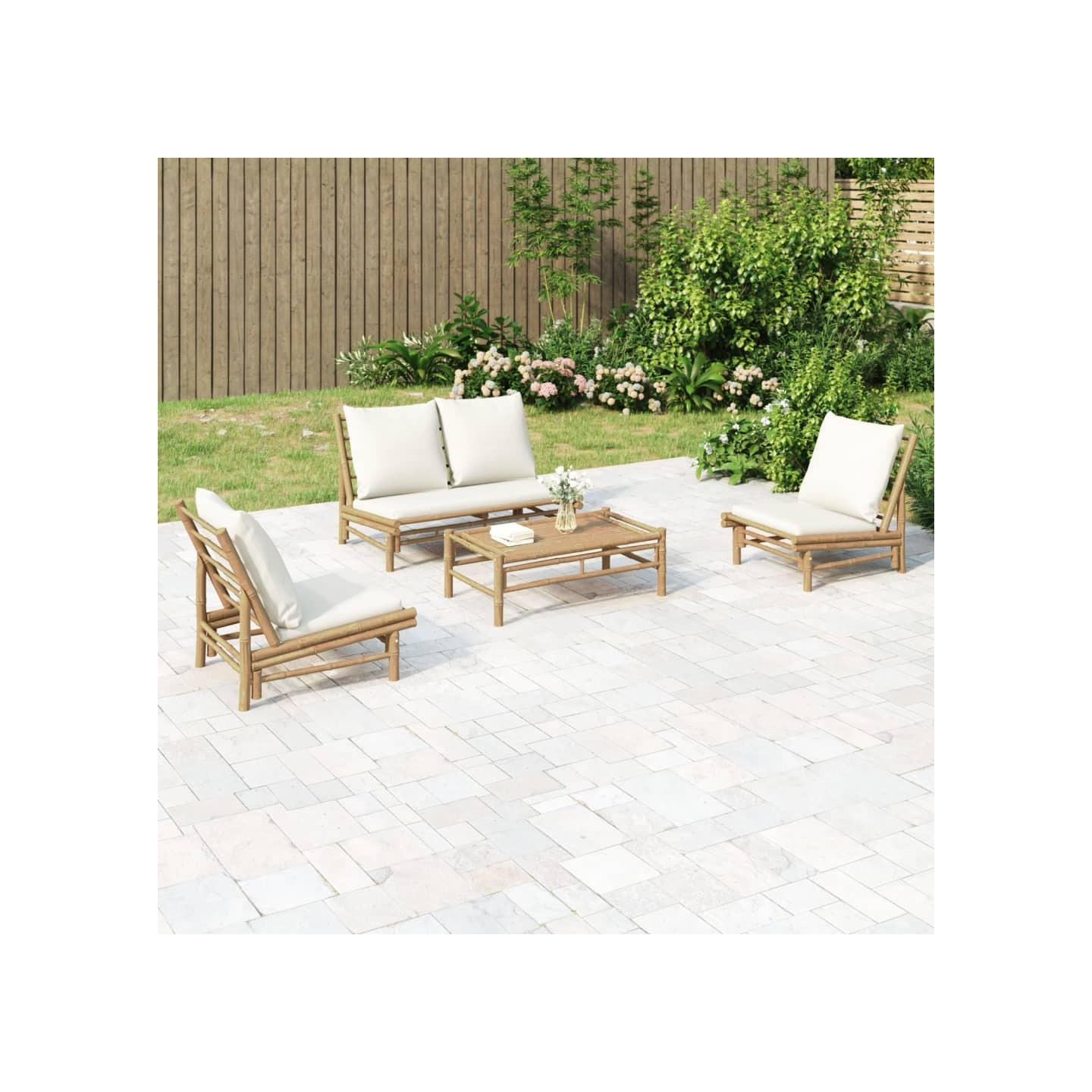 Salon de jardin 4 pcs avec coussins blanc crème bambou