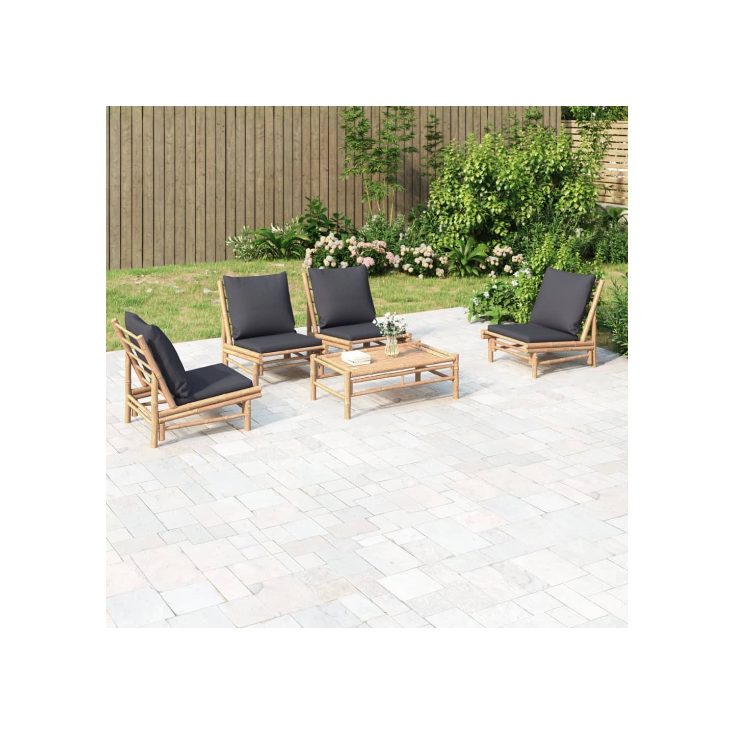 Salon de jardin 5 pcs avec coussins gris foncé bambou