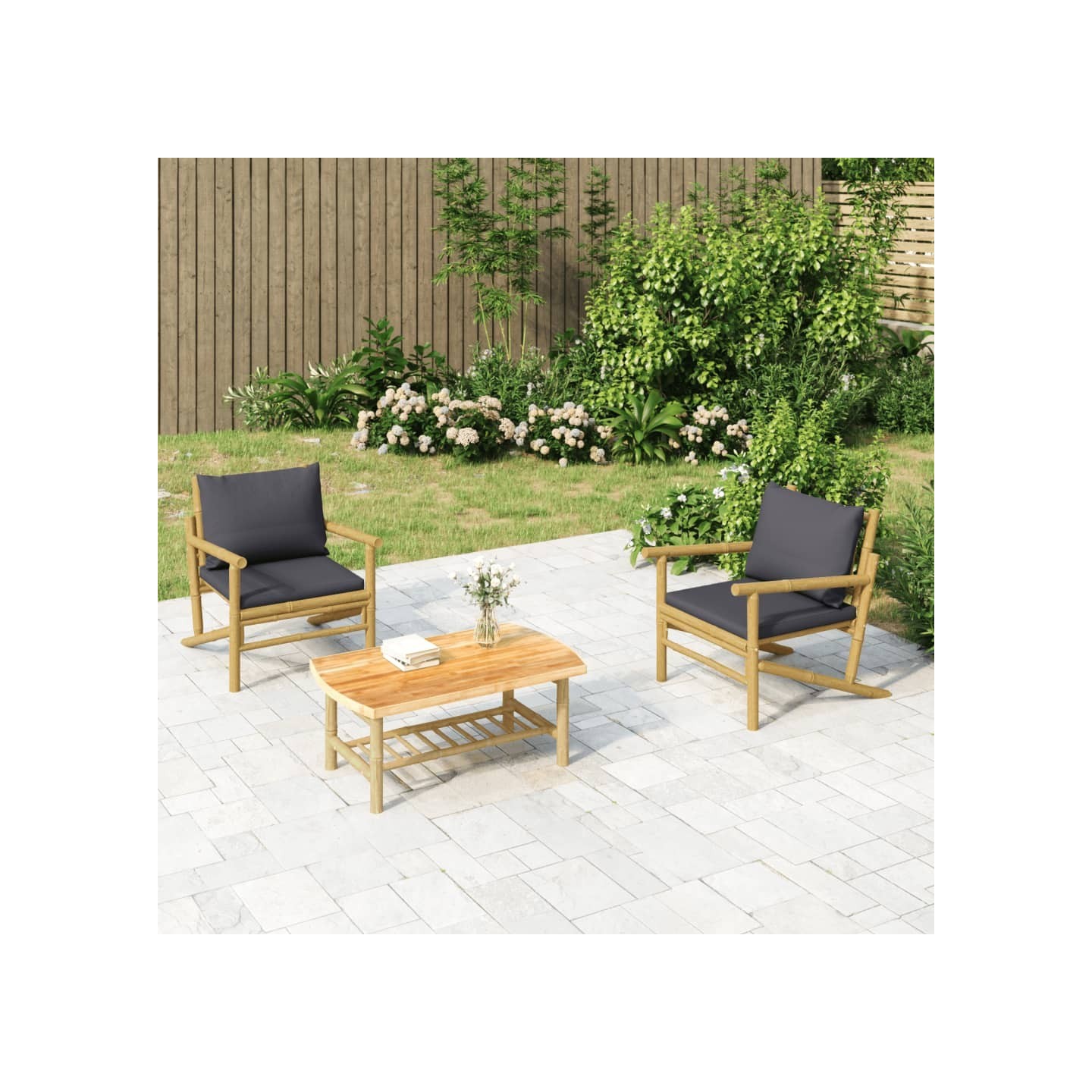 Salon de jardin 3 pcs avec coussins gris foncé bambou