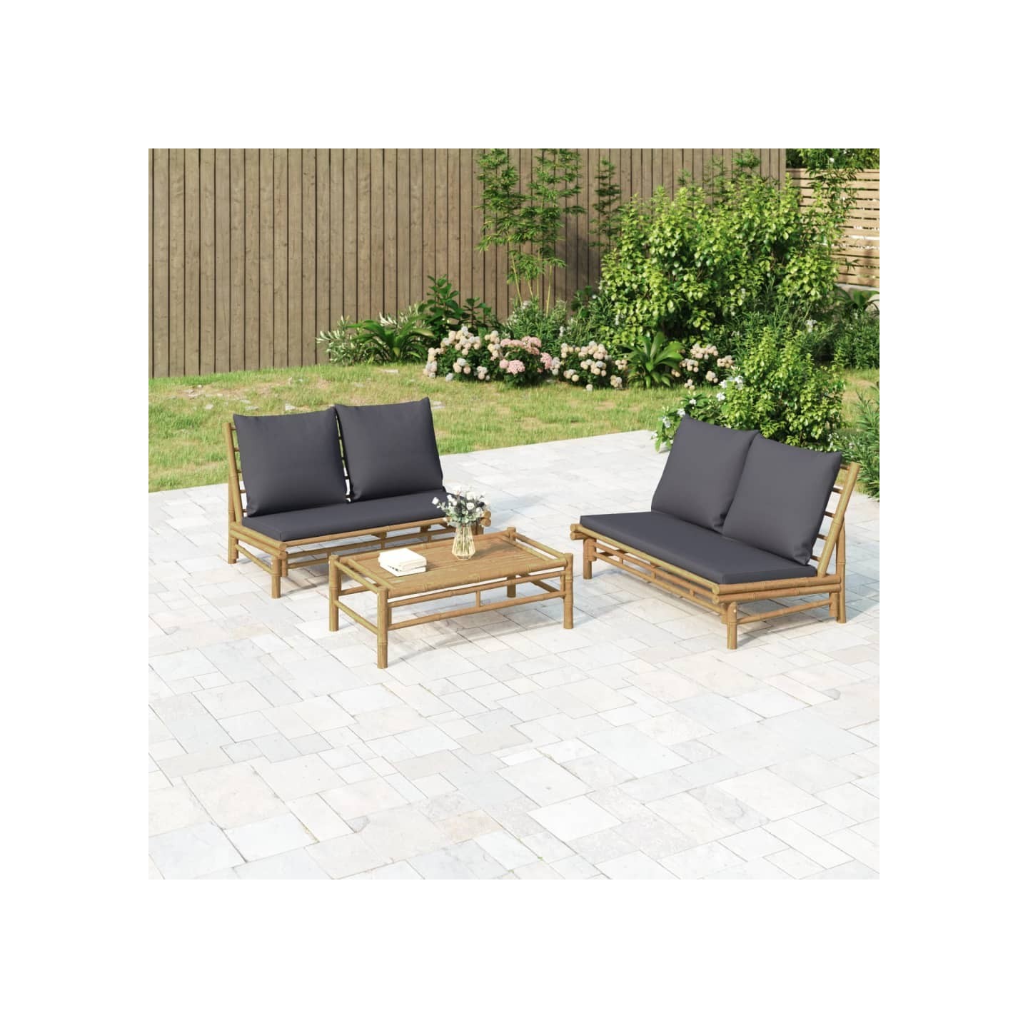 Salon de jardin 3 pcs avec coussins gris foncé bambou