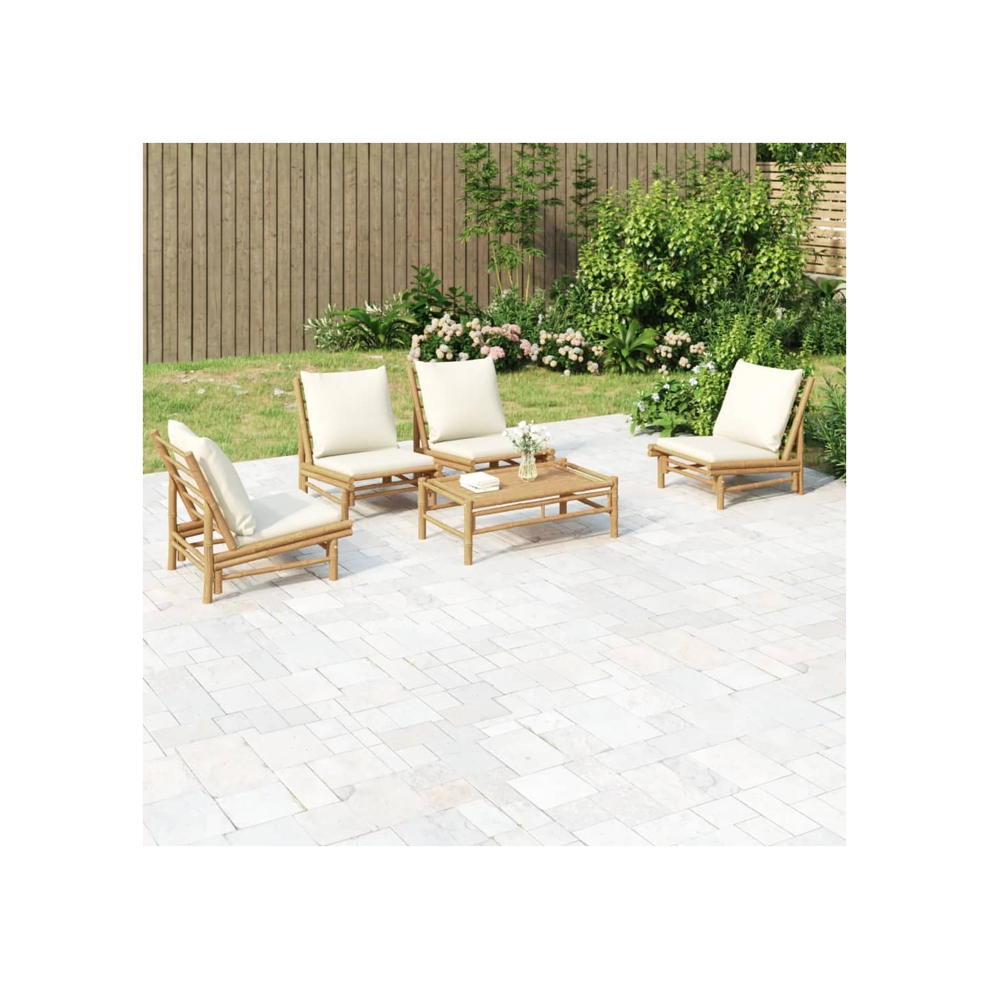 Salon de jardin 5 pcs avec coussins blanc crème bambou