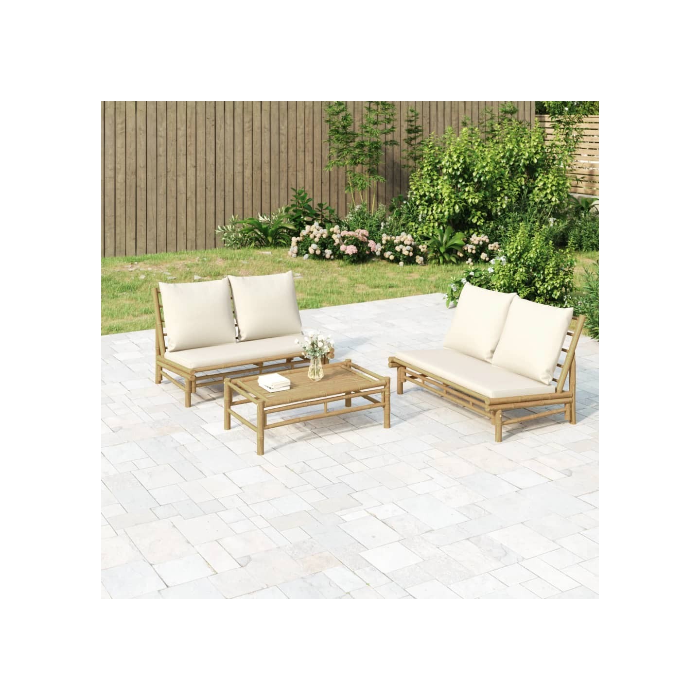 Salon de jardin 3 pcs avec coussins blanc crème bambou