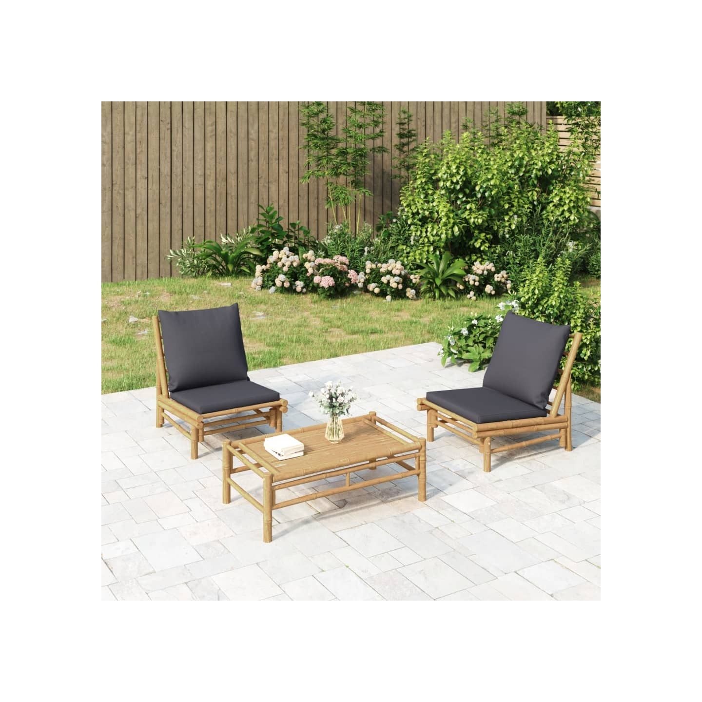 Salon de jardin 3 pcs avec coussins gris foncé bambou