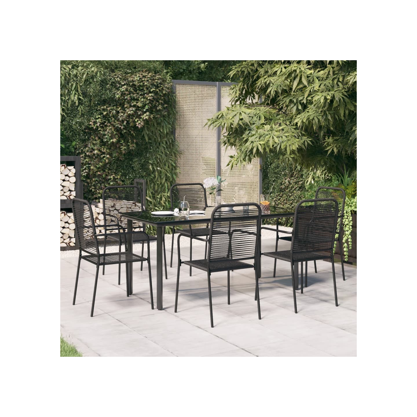 Ensemble à manger de jardin 7 pcs Noir Corde de coton et acier