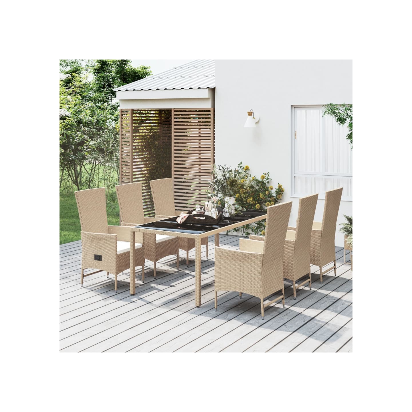 Ensemble à manger de jardin et coussins 7 pcs beige poly rotin