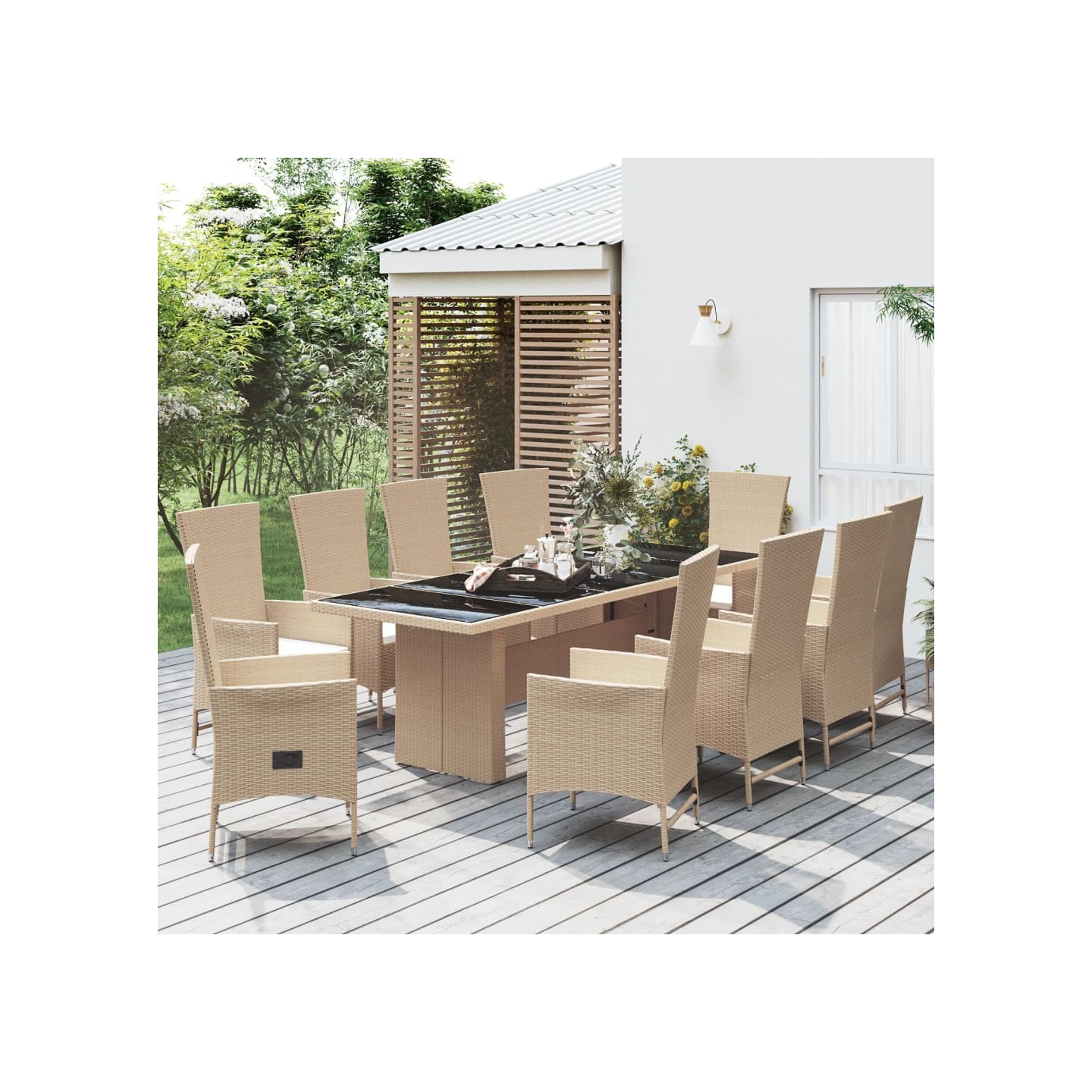 Ensemble à manger de jardin et coussins 11 pcs beige poly rotin
