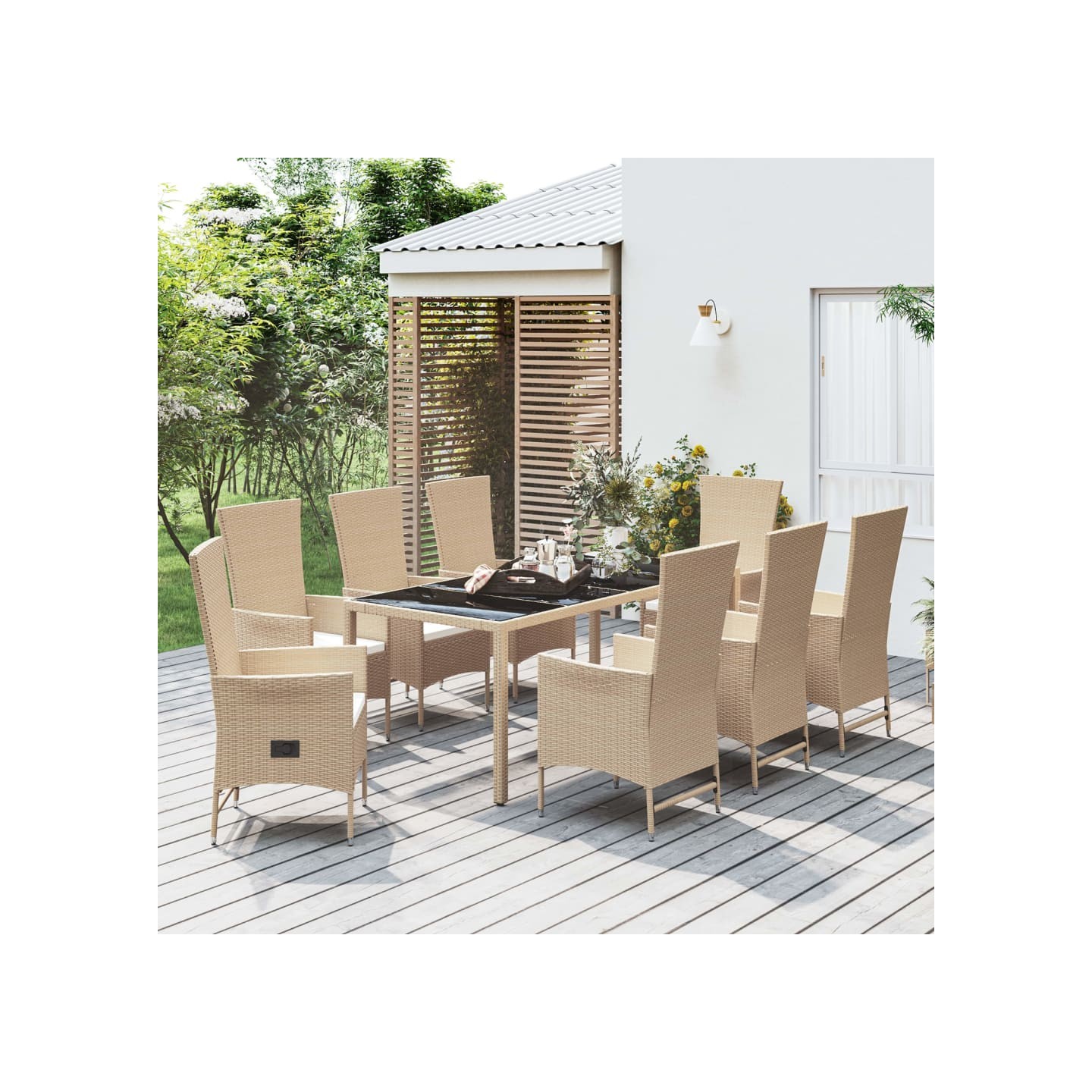 Ensemble à manger de jardin et coussins 9 pcs beige Poly rotin