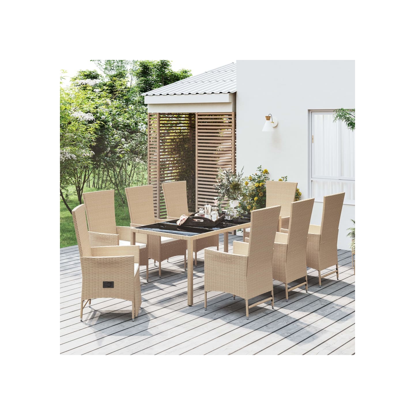 Ensemble à manger de jardin et coussins 9 pcs beige Poly rotin