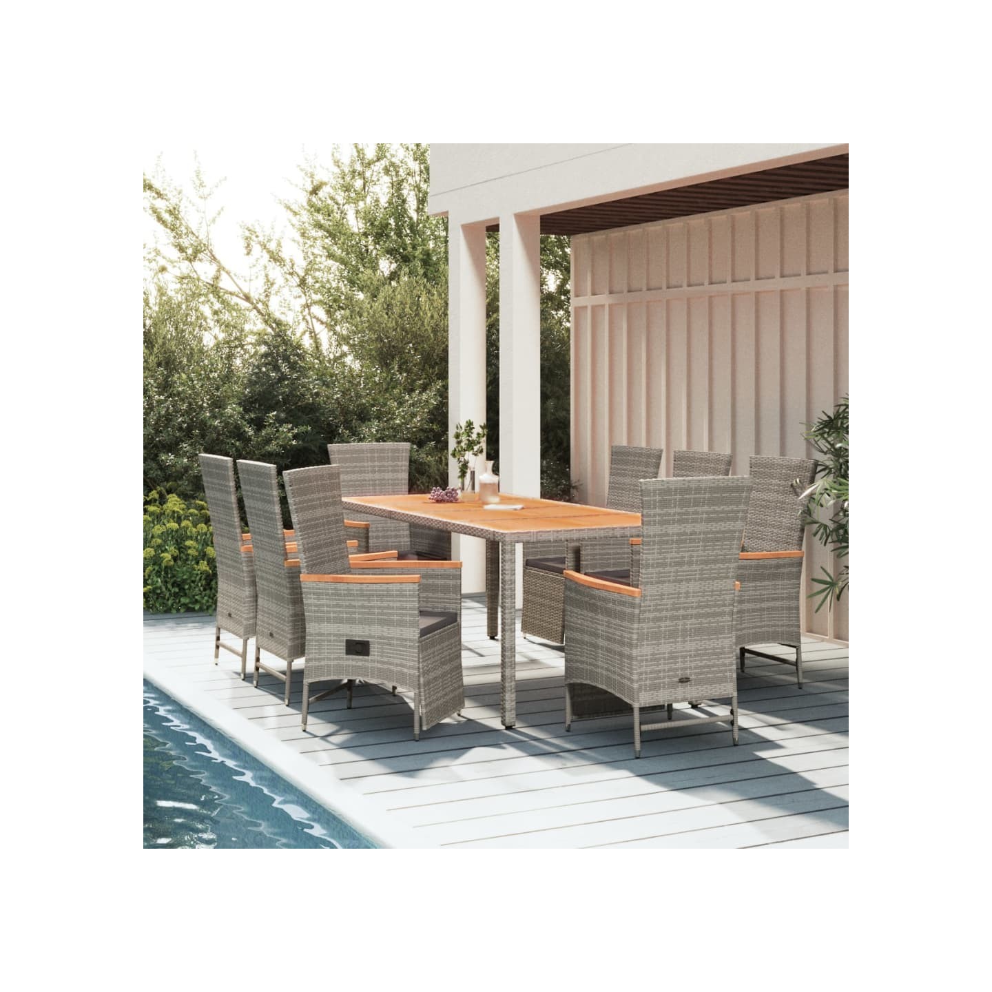 Ensemble à manger de jardin 9 pcs coussins gris résine tressée