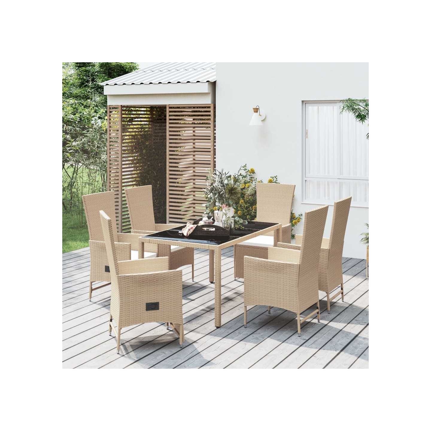 Ensemble à manger de jardin et coussins 7 pcs beige poly rotin