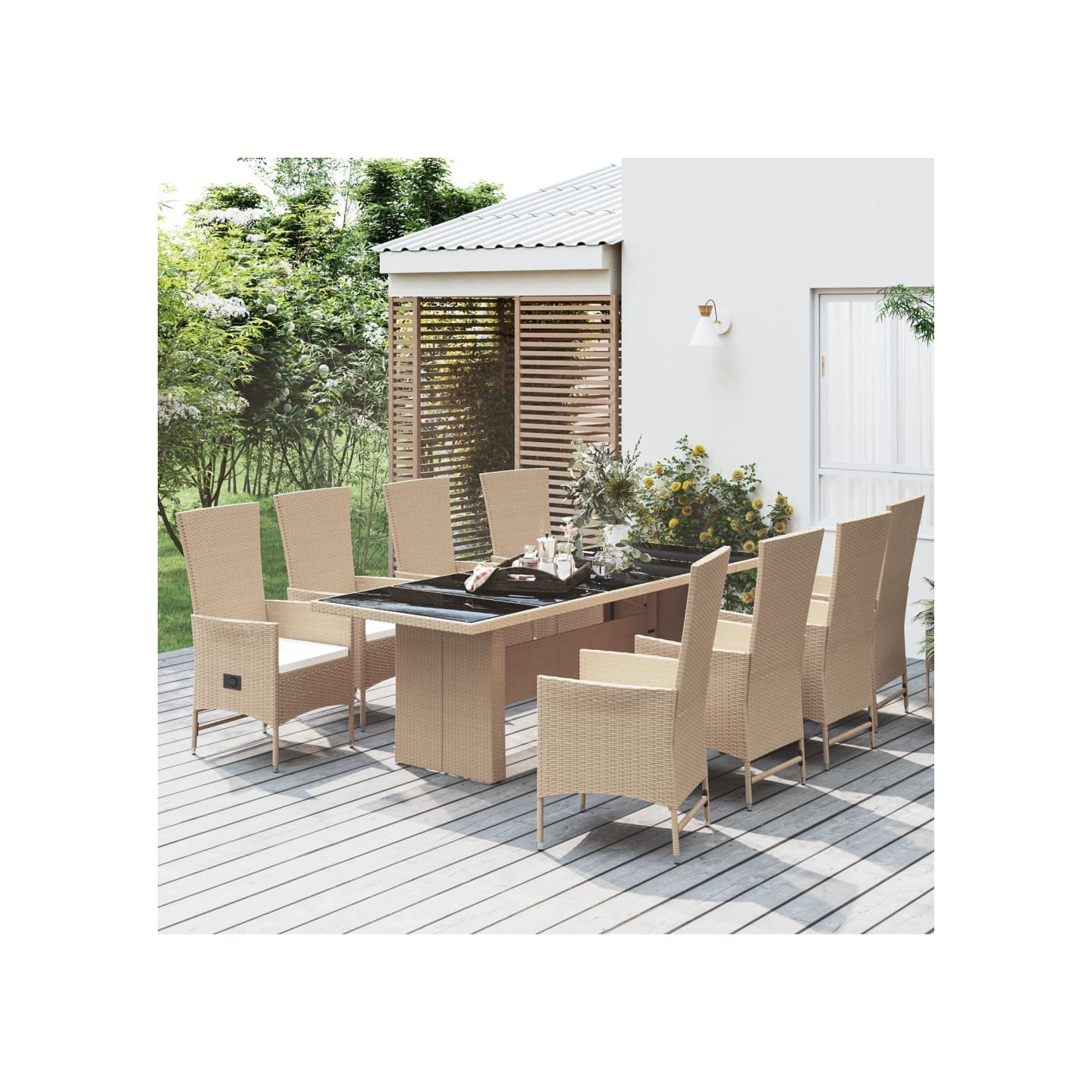 Ensemble à manger de jardin et coussins 9 pcs beige Poly rotin