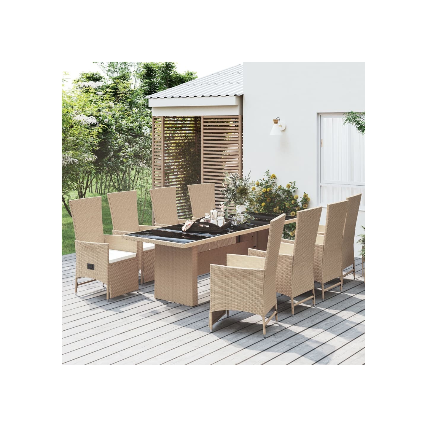 Ensemble à manger de jardin et coussins 9 pcs beige Poly rotin