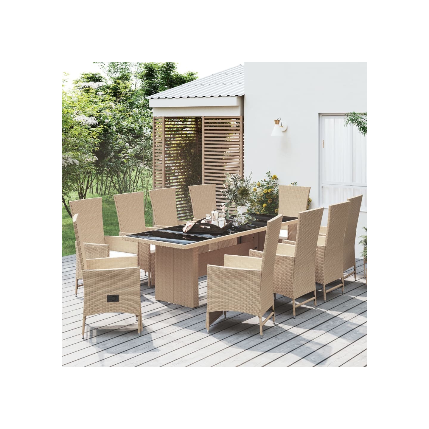Ensemble à manger de jardin et coussins 11 pcs beige poly rotin