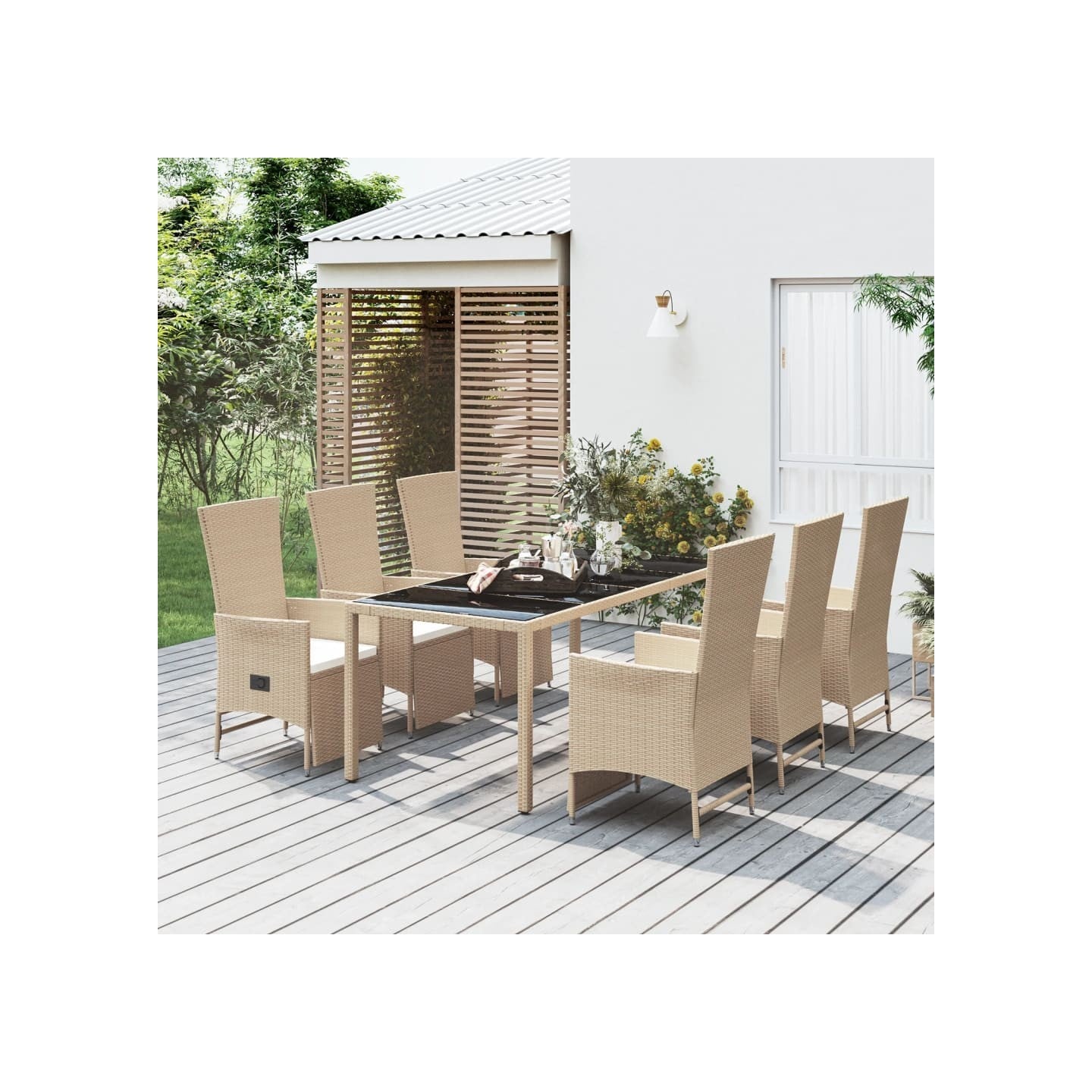 Ensemble à manger de jardin et coussins 7 pcs beige poly rotin