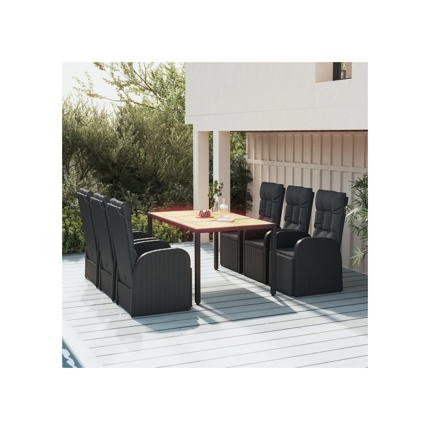 Ensemble à manger de jardin coussins 7pcs Noir Résine tressée