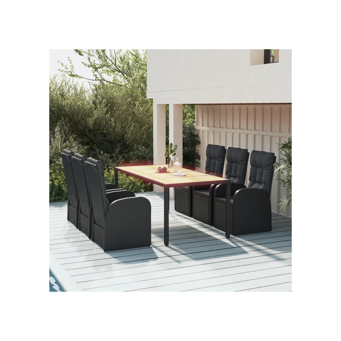 Ensemble à manger de jardin coussins 7pcs Noir Résine tressée