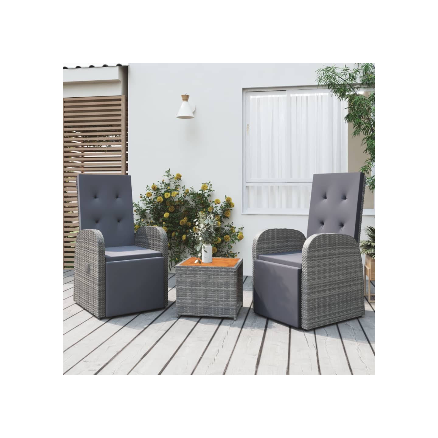 Ensemble de salon de jardin 3 pcs gris poly rotin et acacia