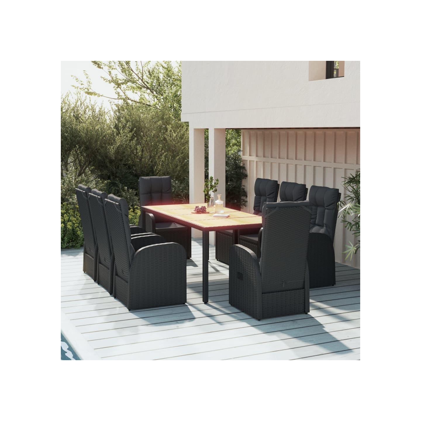 Ensemble à manger de jardin 9pcs coussins noir résine tressée