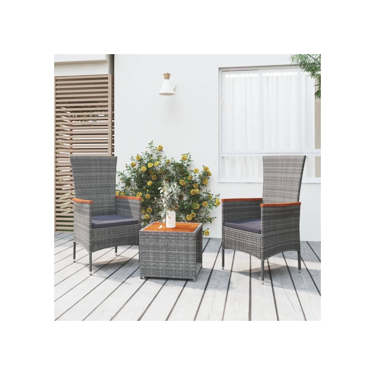 Ensemble de salon de jardin 3 pcs gris poly rotin et acacia