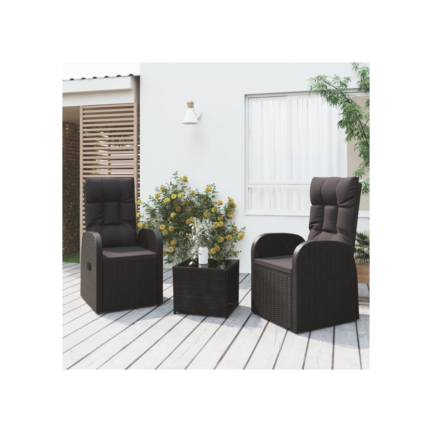 Ensemble de salon de jardin 3 pcs noir poly rotin et acier