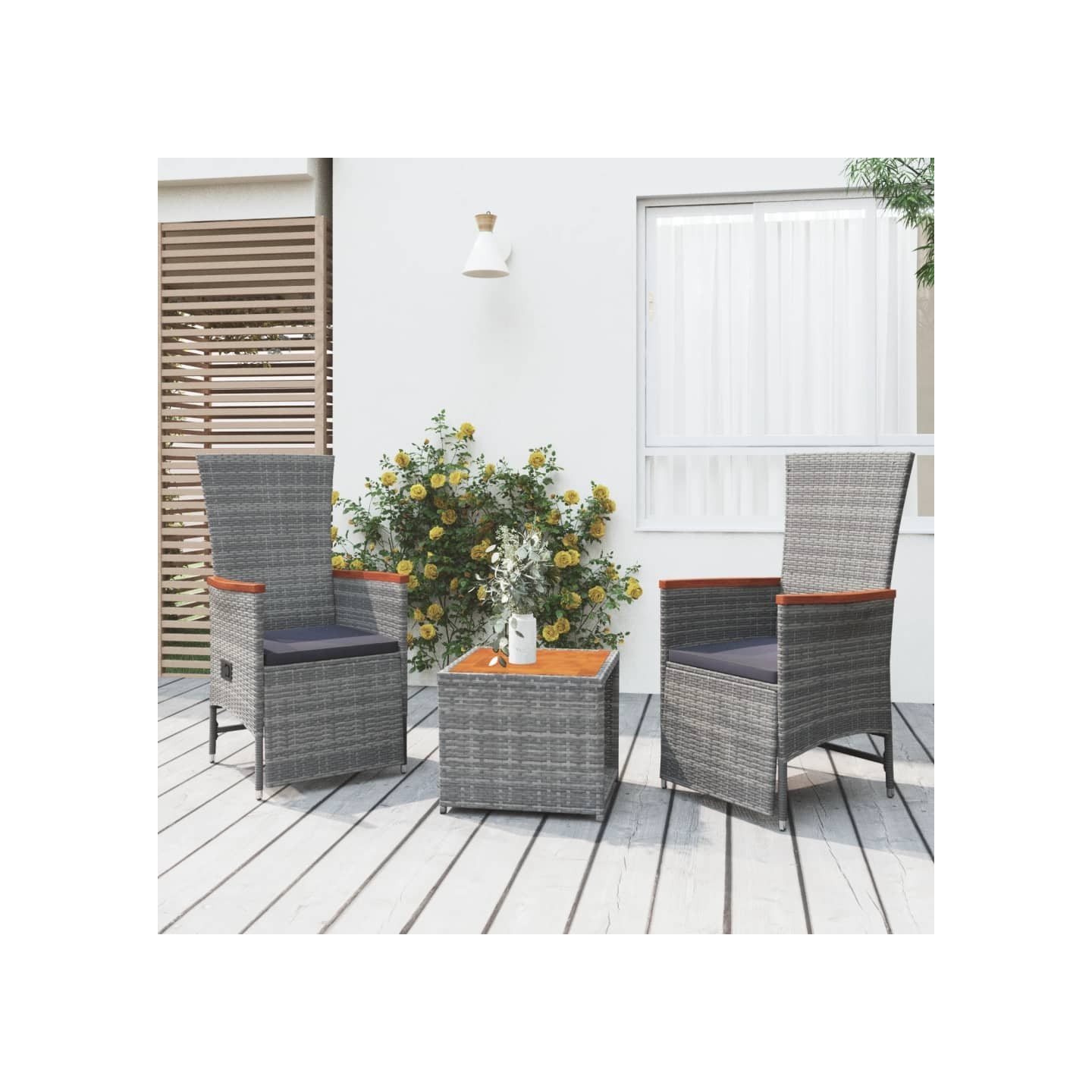 Ensemble de salon de jardin 3 pcs gris poly rotin et acacia