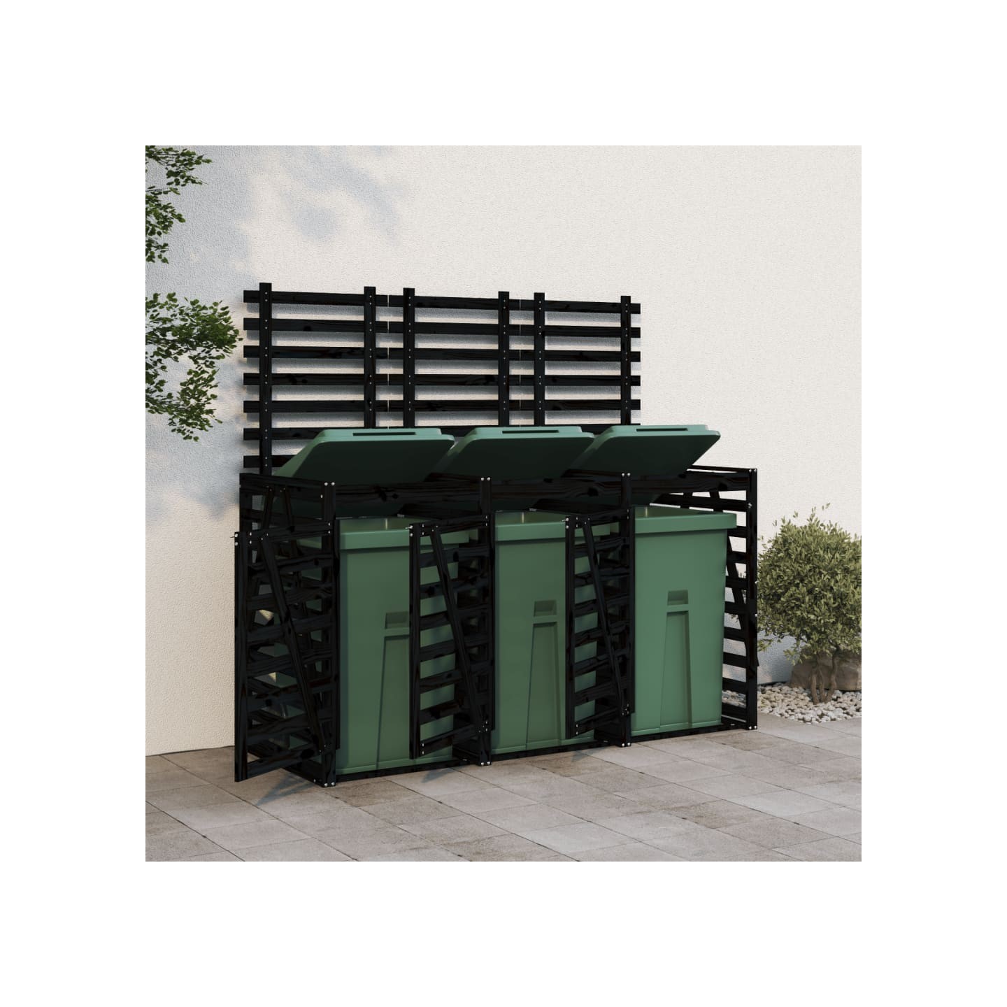 Abri pour poubelle triple sur roulettes noir bois massif de pin