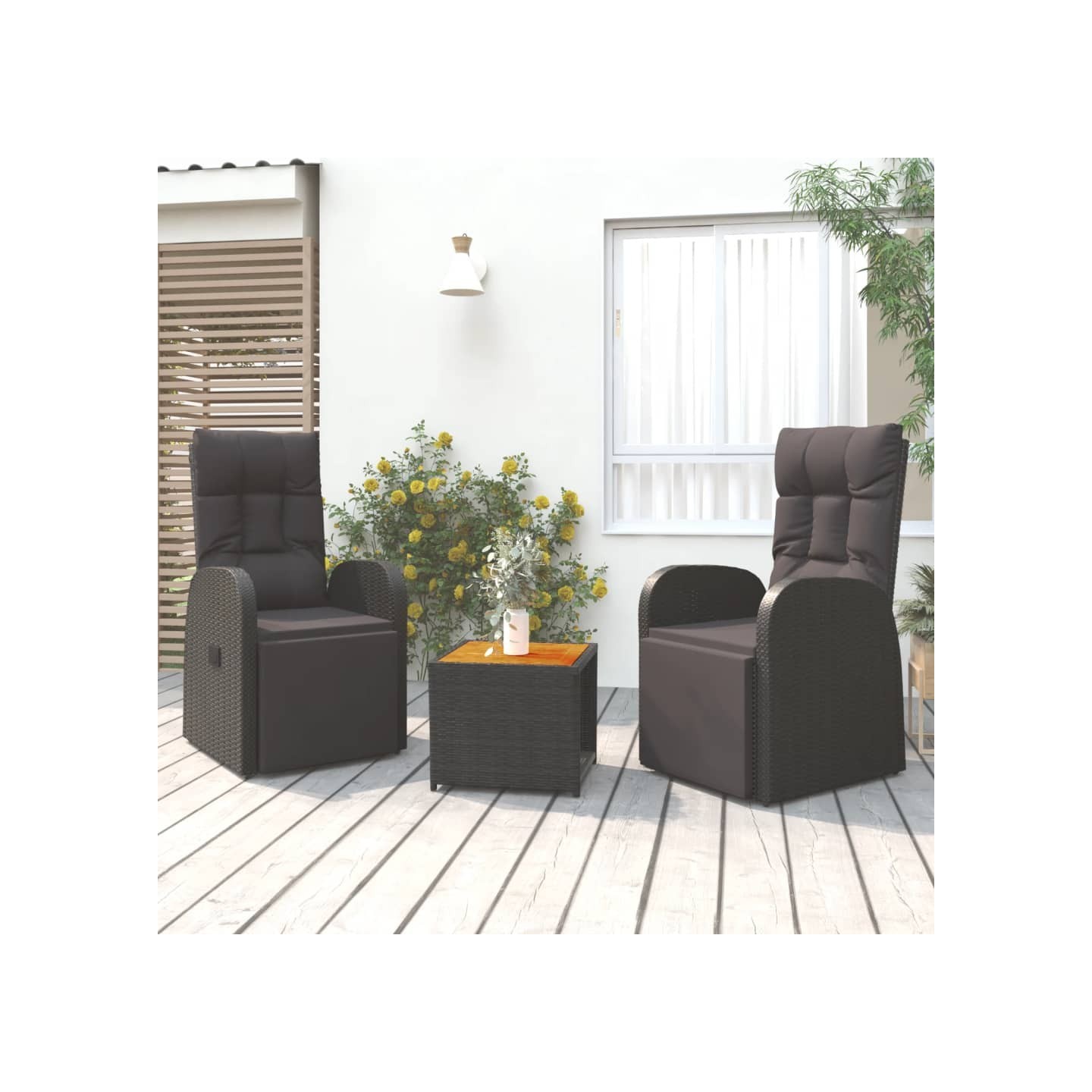 Ensemble de salon de jardin 3 pcs noir poly rotin et acacia
