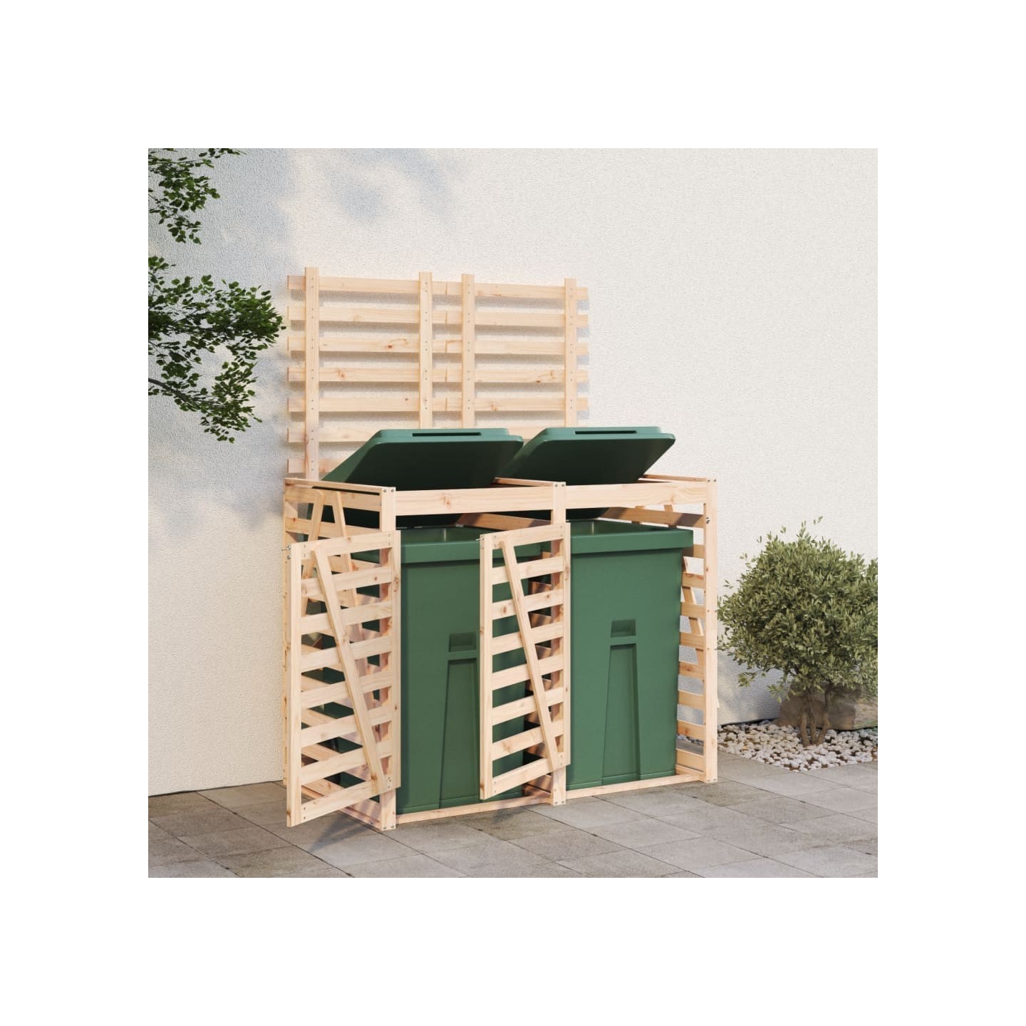 Abri pour poubelle double sur roulettes bois massif de pin