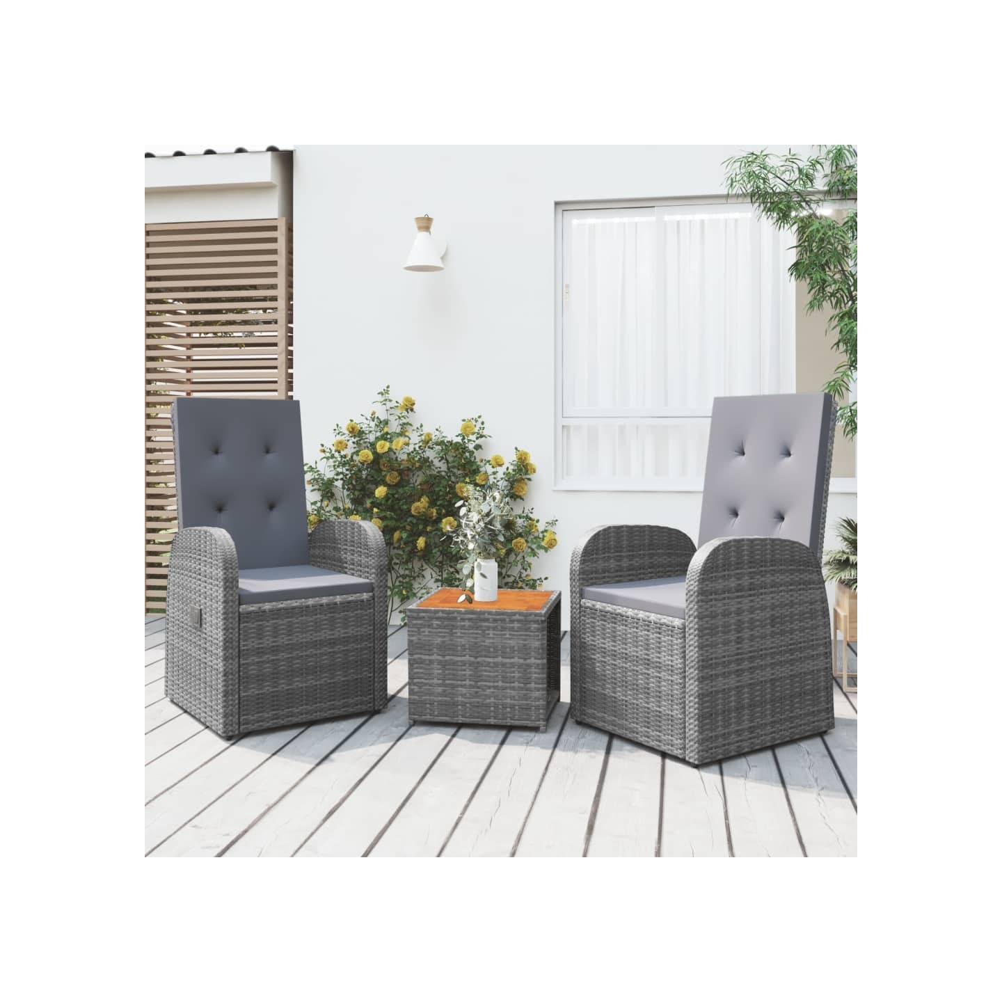 Ensemble de salon de jardin 3 pcs gris poly rotin et acacia
