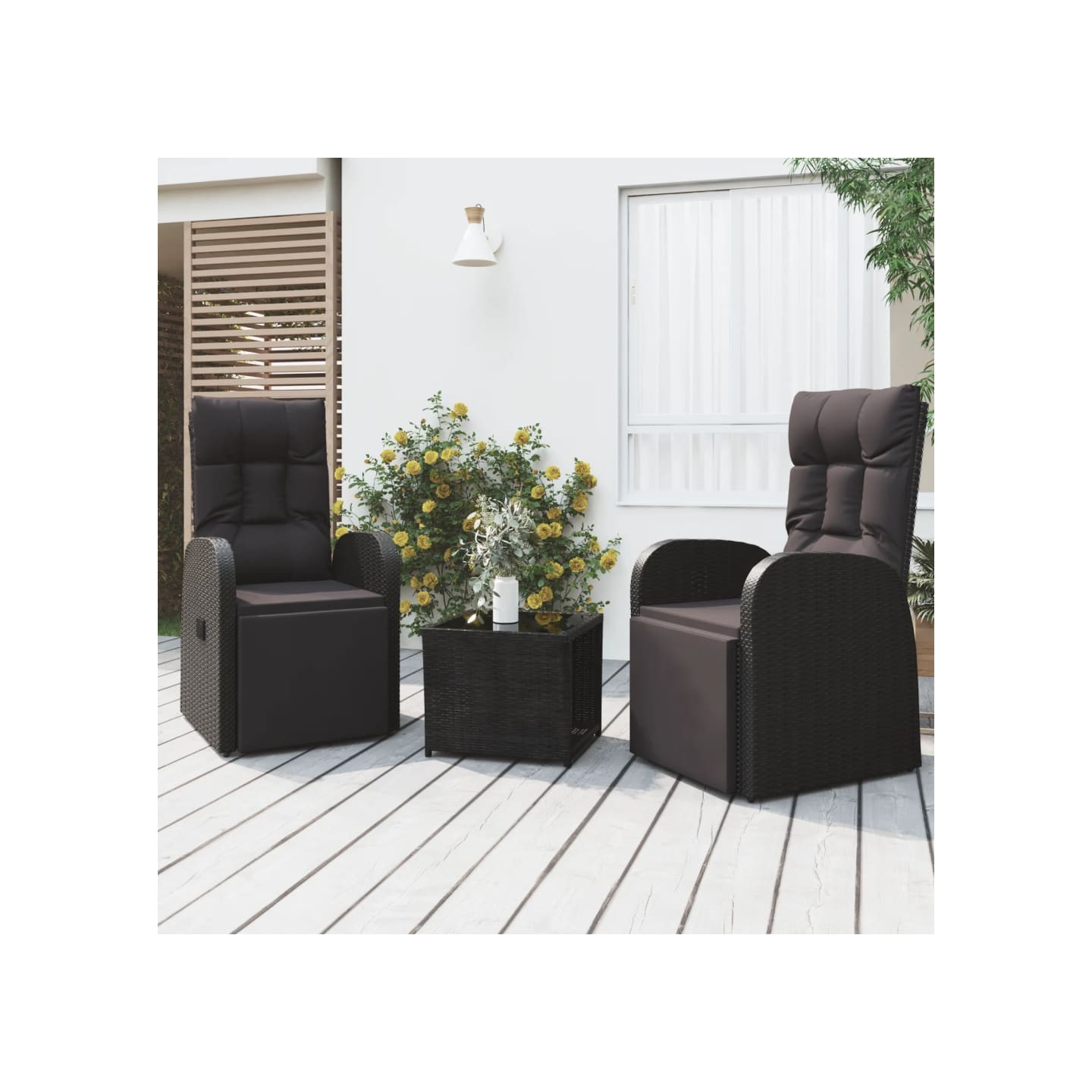 Ensemble de salon de jardin 3 pcs noir poly rotin et acier
