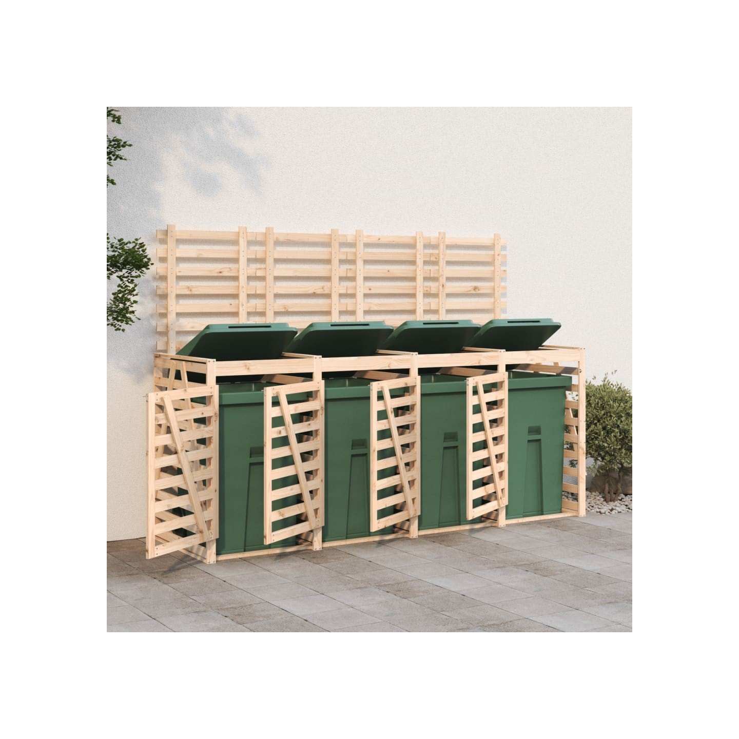 Abri de poubelles quadruple sur roulettes bois massif pin