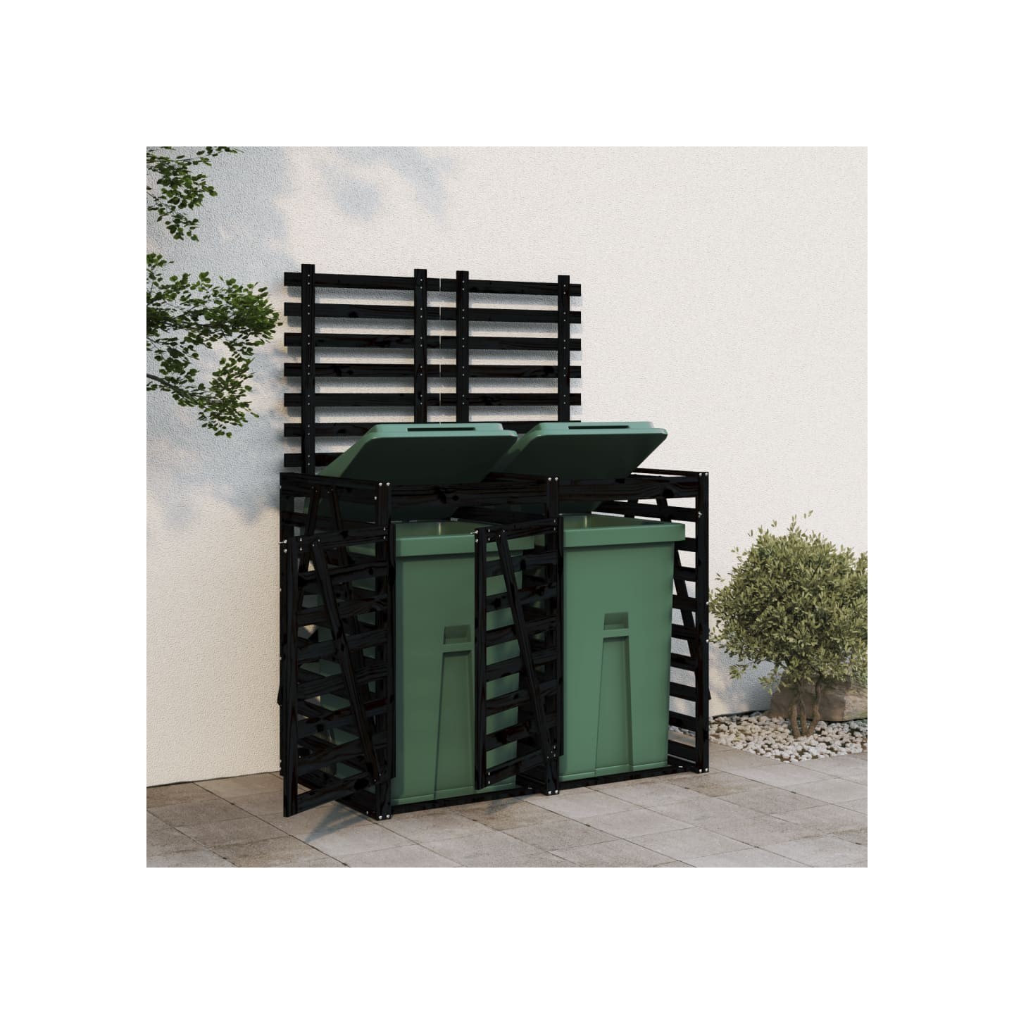Abri pour poubelle double sur roulettes noir bois massif de pin