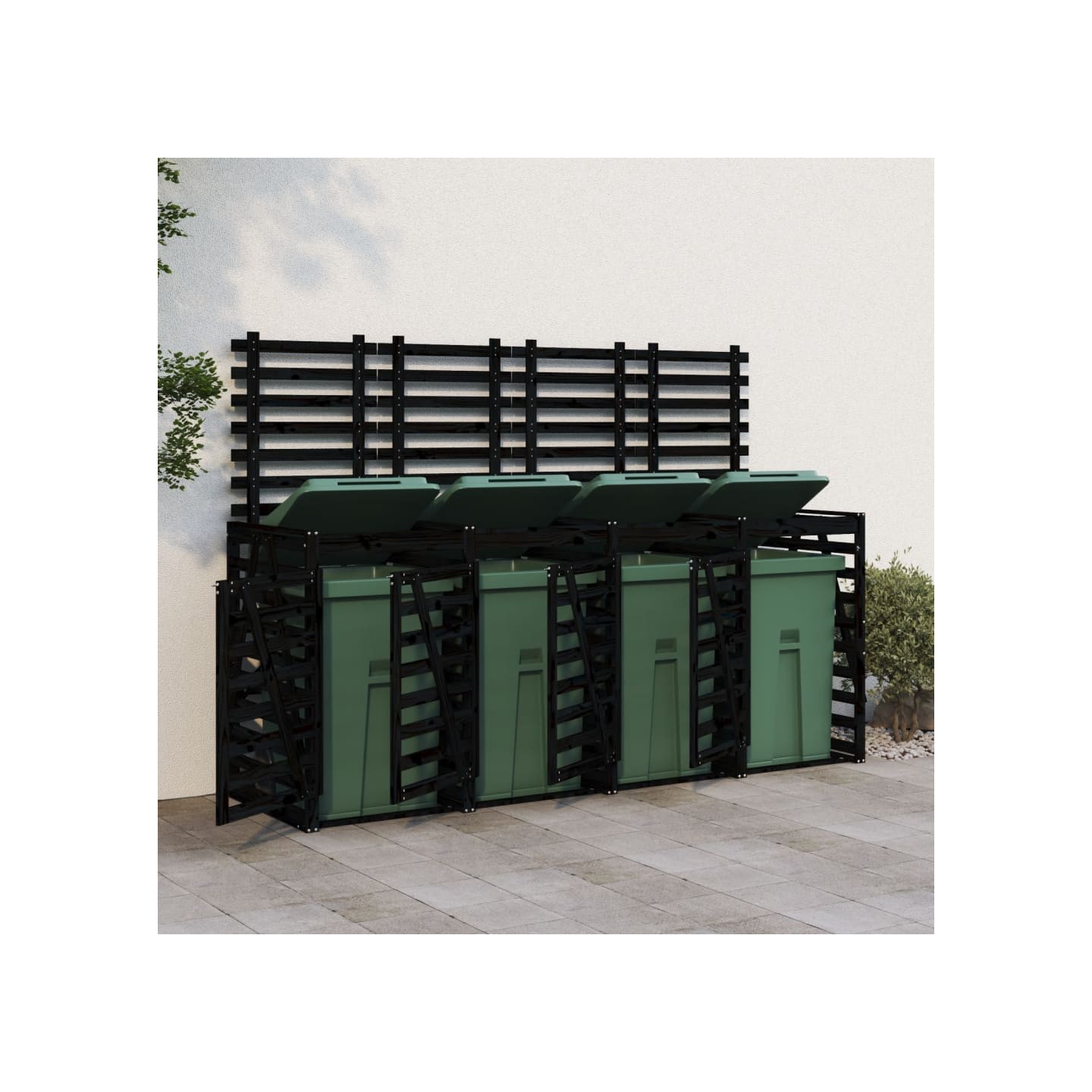 Abri pour poubelle quadruple sur roulettes noir bois de pin