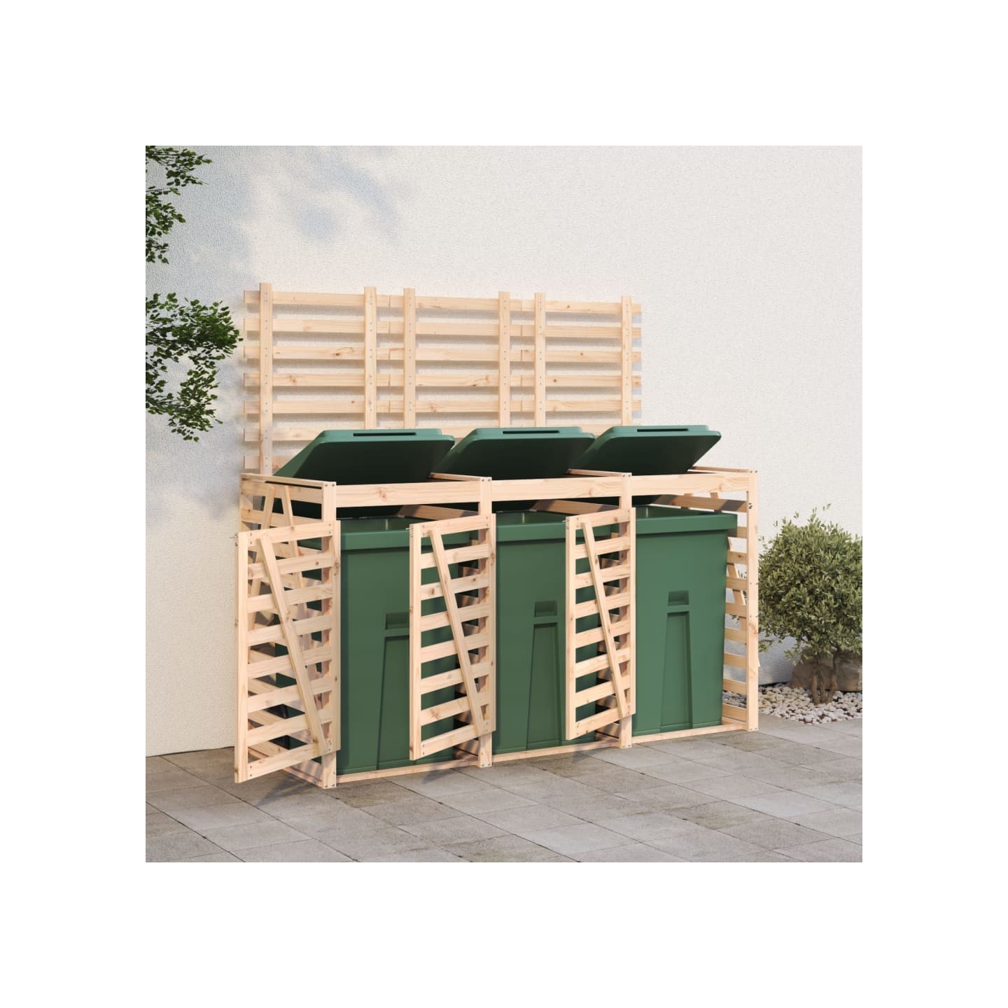 Abri pour poubelle triple sur roulettes bois massif de pin