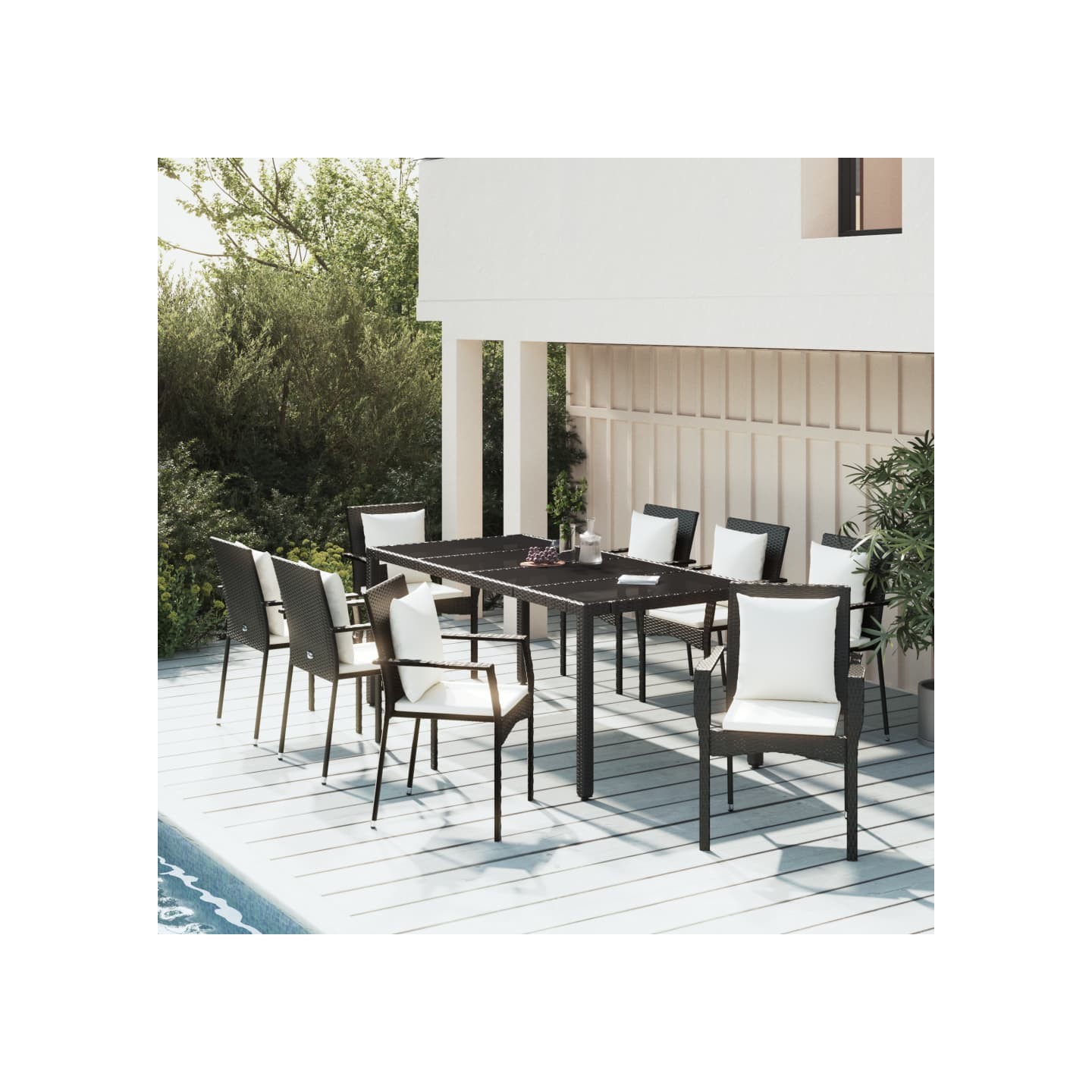 Ensemble à manger jardin 9pcs et coussins noir résine tressée