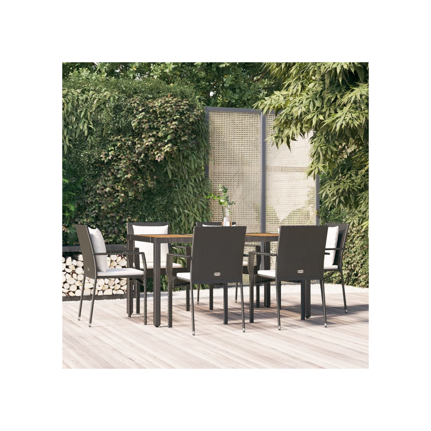 Ensemble à manger de jardin coussins 7pcs Noir Résine tressée