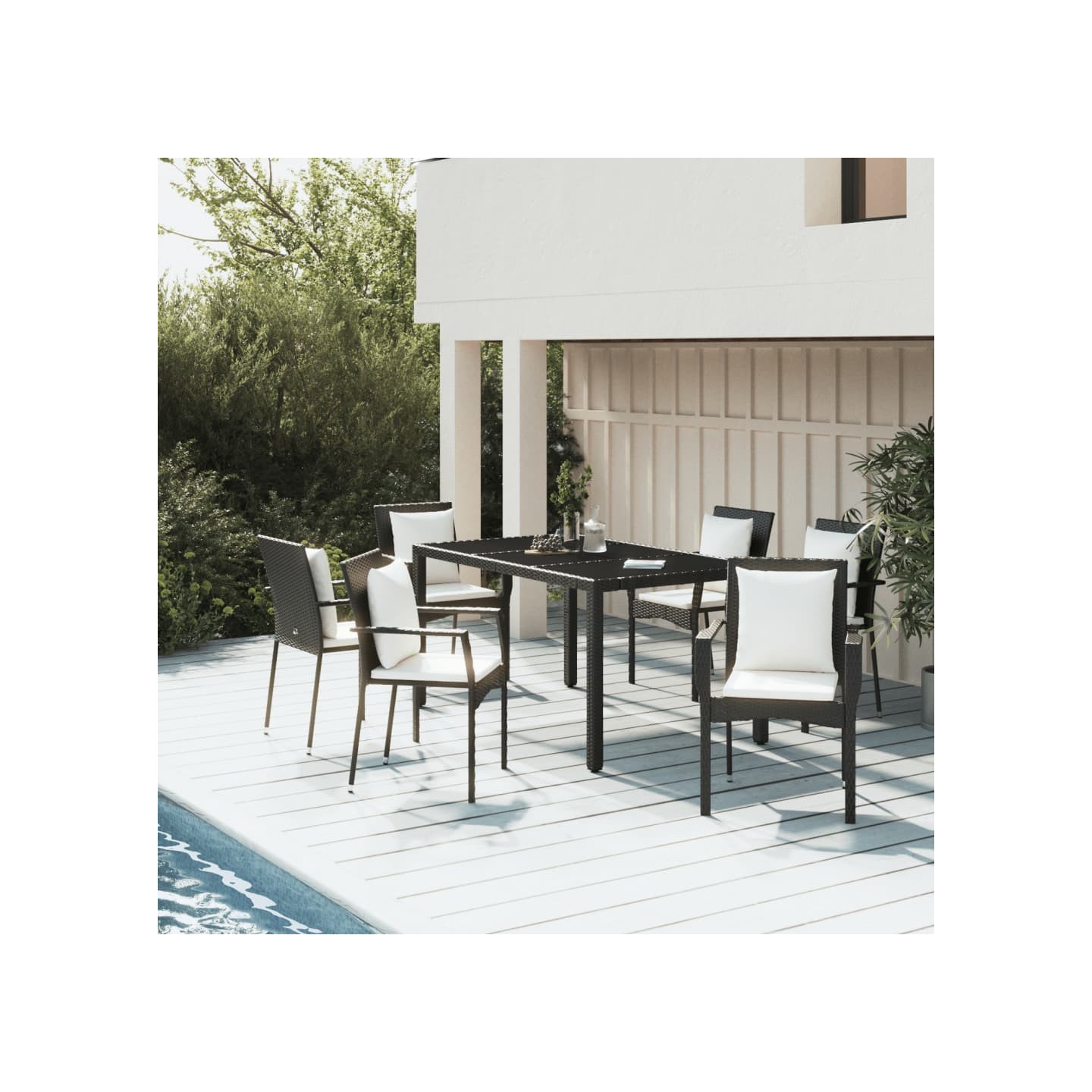 Ensemble à manger de jardin coussins 7pcs Noir Résine tressée