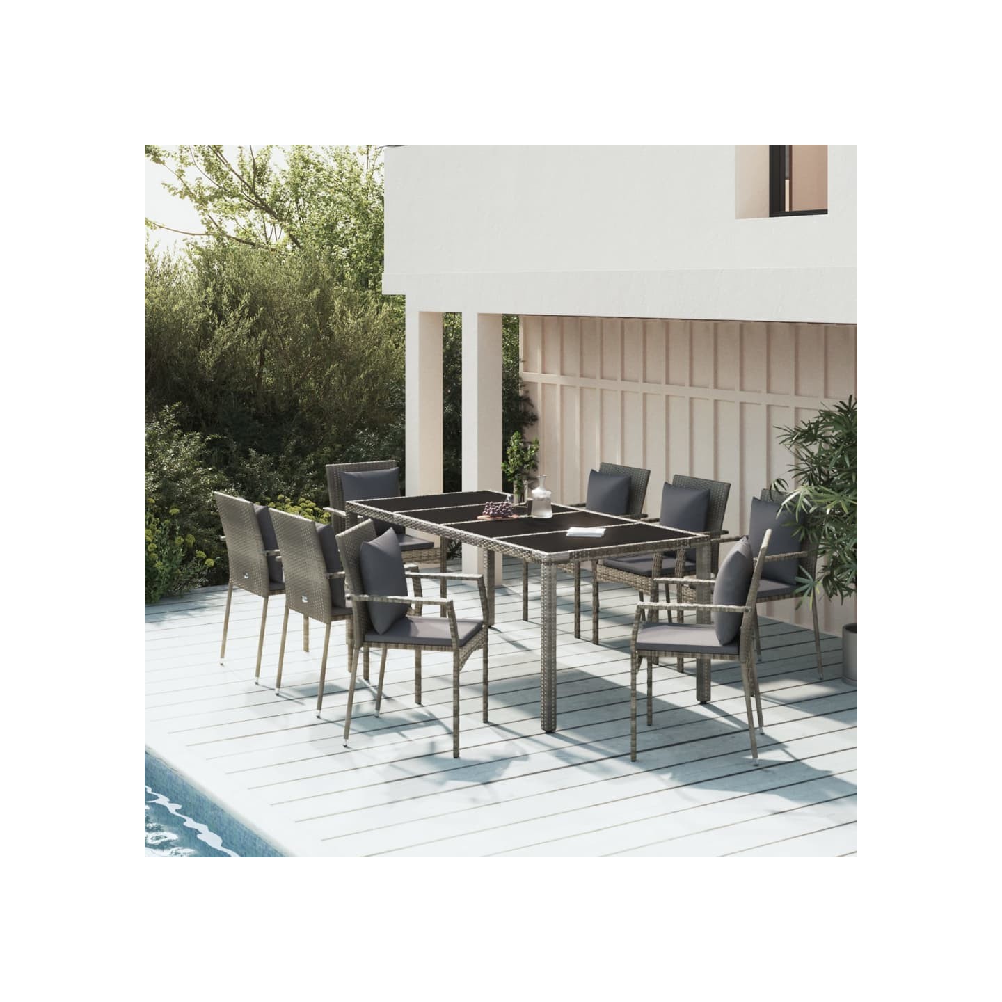 Ensemble à manger de jardin 9 pcs coussins gris résine tressée