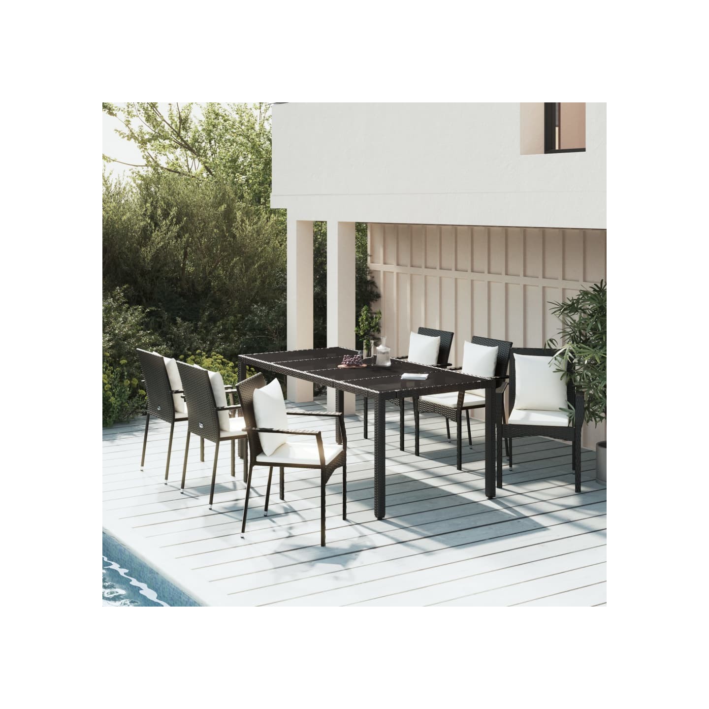 Ensemble à manger de jardin coussins 7pcs Noir Résine tressée