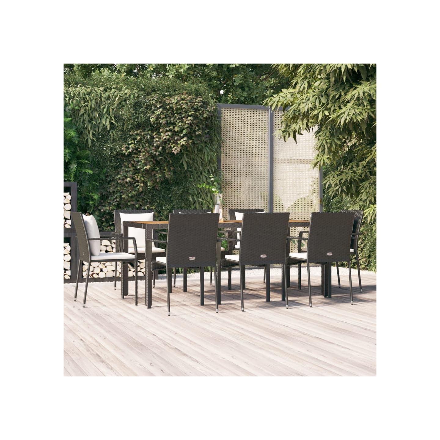Ensemble à manger jardin 9pcs et coussins noir résine tressée