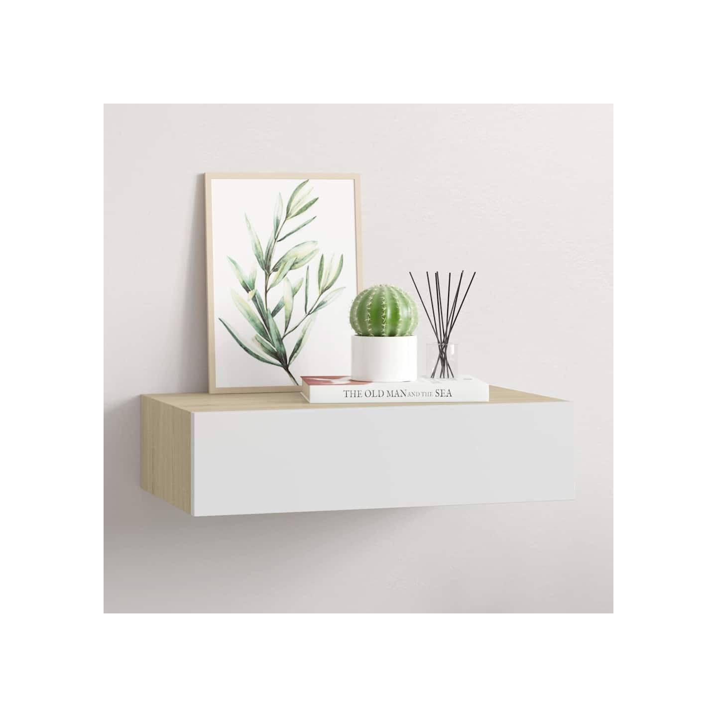 Étagère murale à tiroirs en chêne et blanc 40 x 23,5 x 10 cm MDF