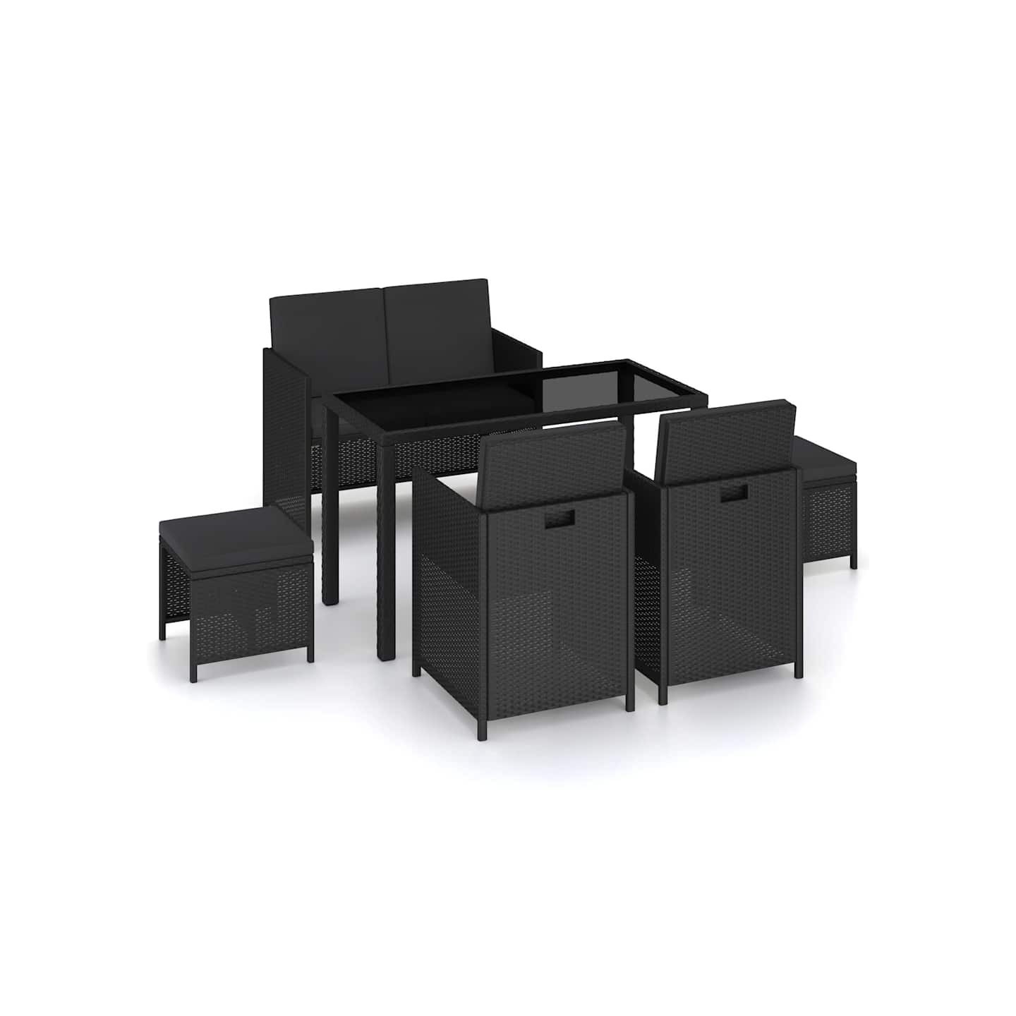 Mobilier à dîner de jardin 6pcs et coussins Résine tressée Noir
