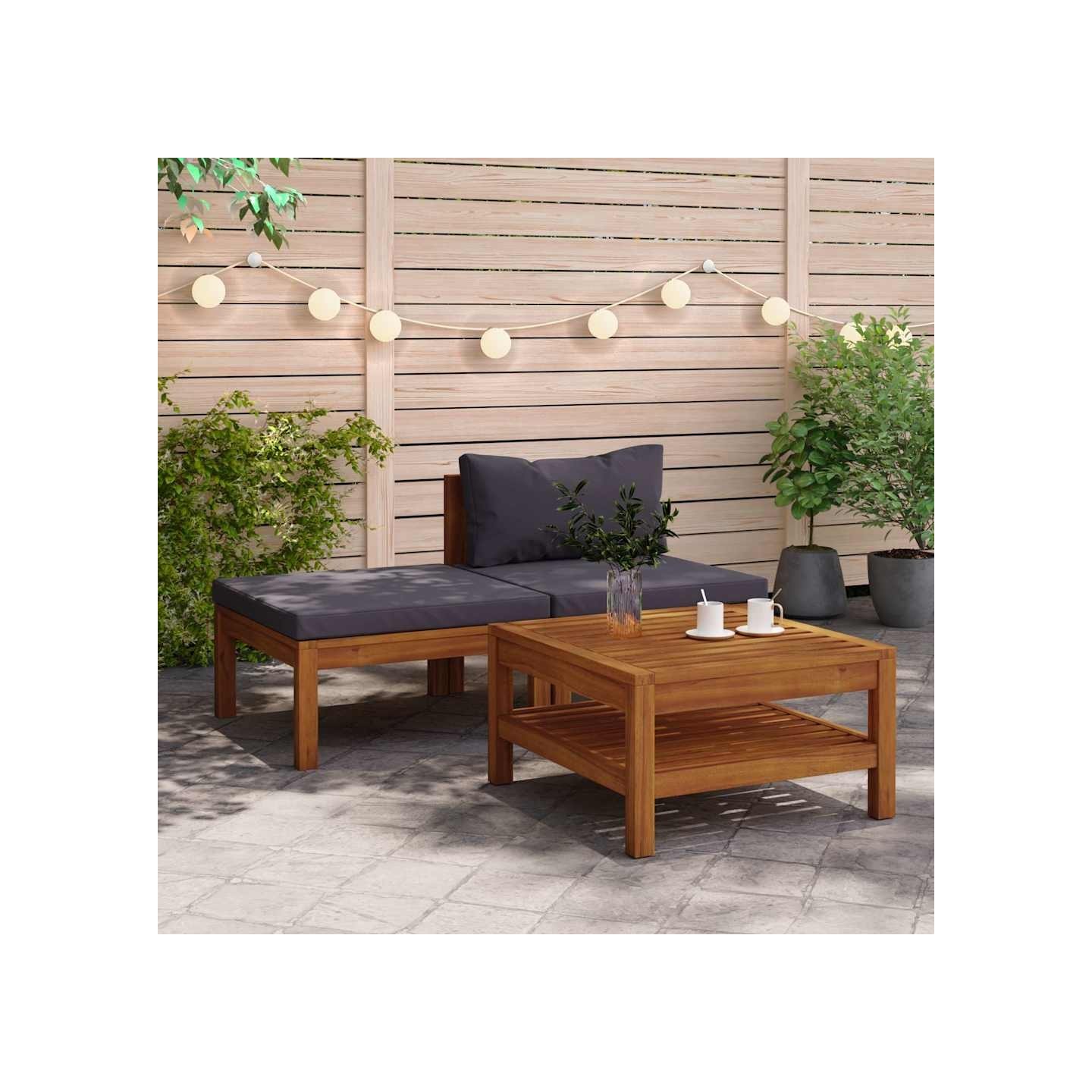Salon de jardin 3 pcs avec coussins gris foncé Bois d'acacia